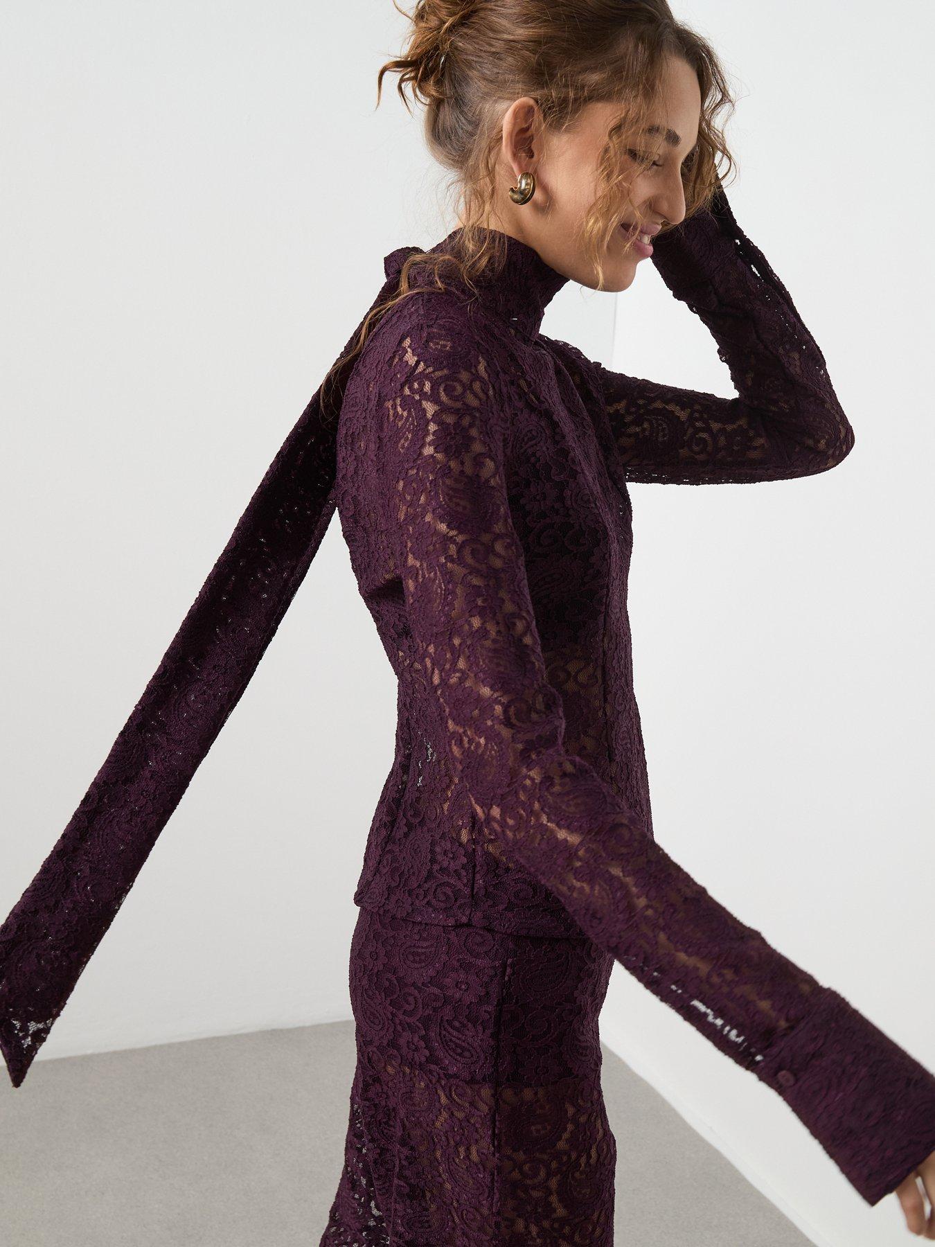 Image 6 of 6 of Mango Lace Long Sleeve Tie Neck Blouse - Red