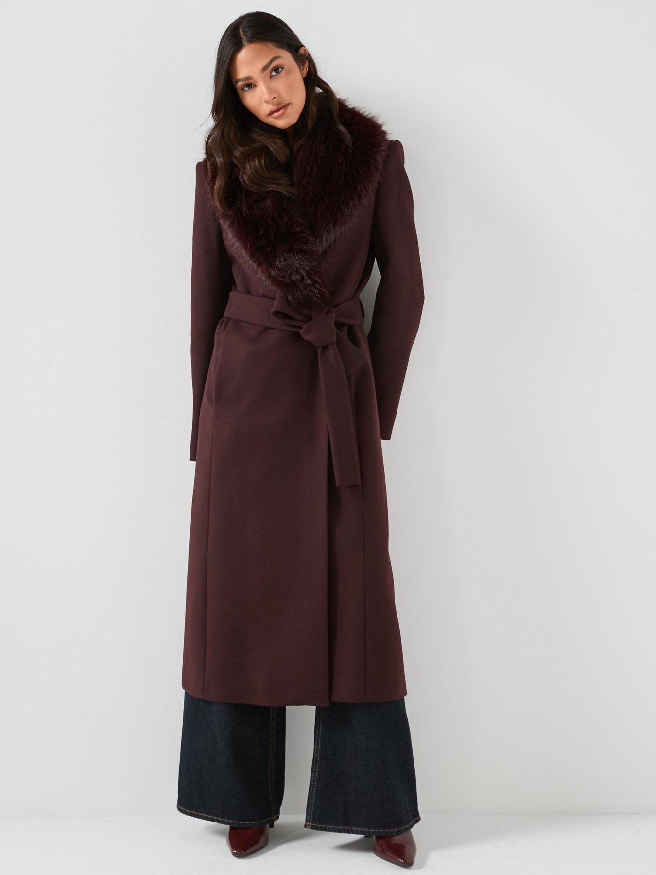 Mango Faux Fur Trim Duster Coat - Burgundy