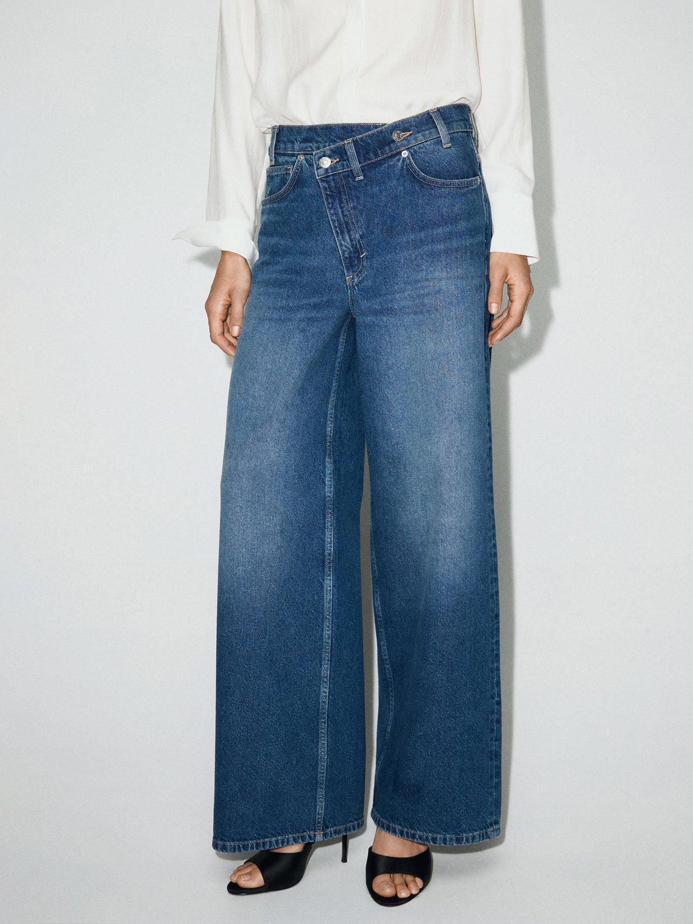 Mango Wide-leg Mid-rise Jeans With A Crossover Waistband - Dark Denim
