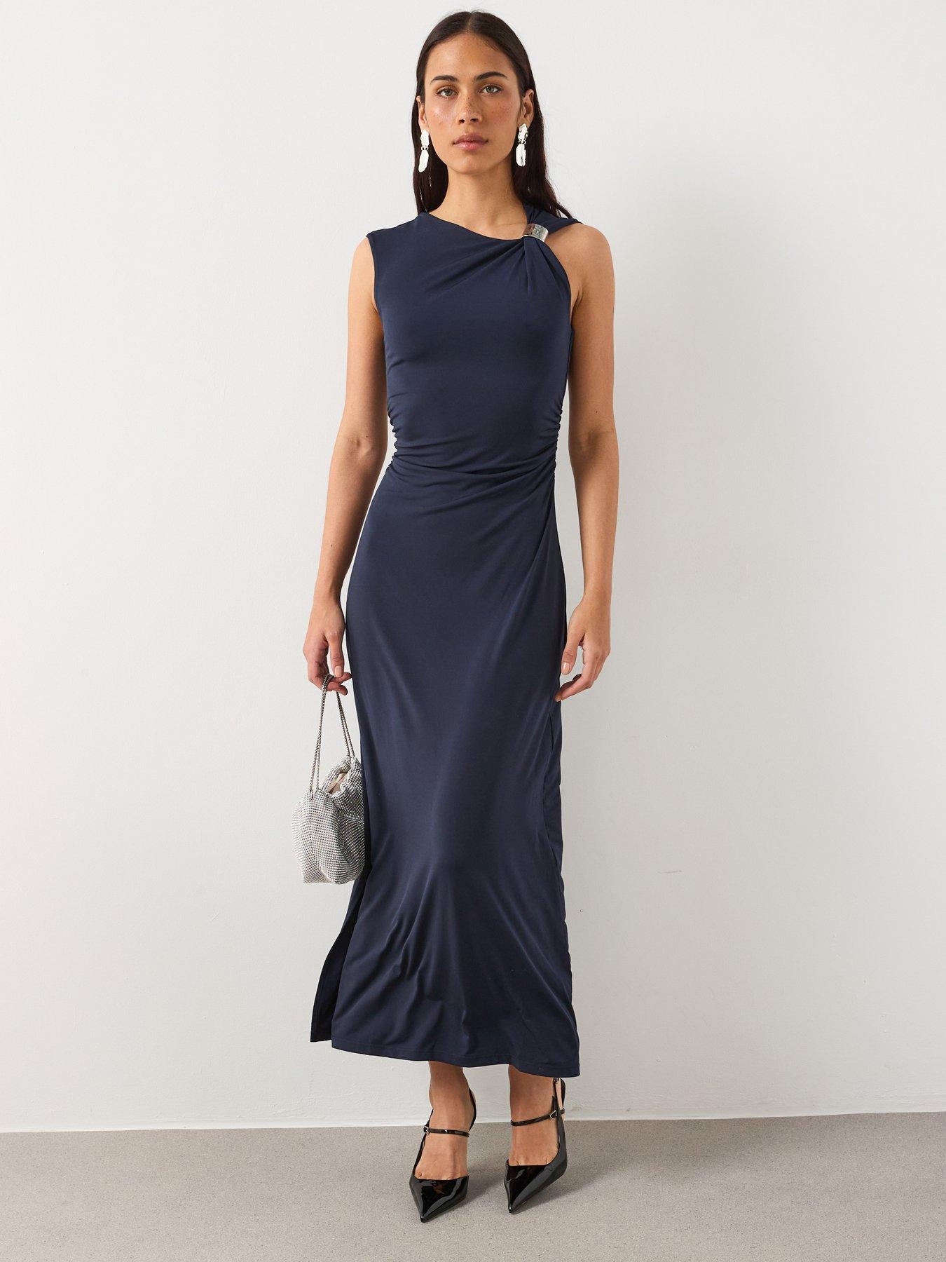 mango blue dress Strapless Navy Blue Satin Layered Long Prom Dresses with Belt, Navy Bl –  Shiny Party main image 1