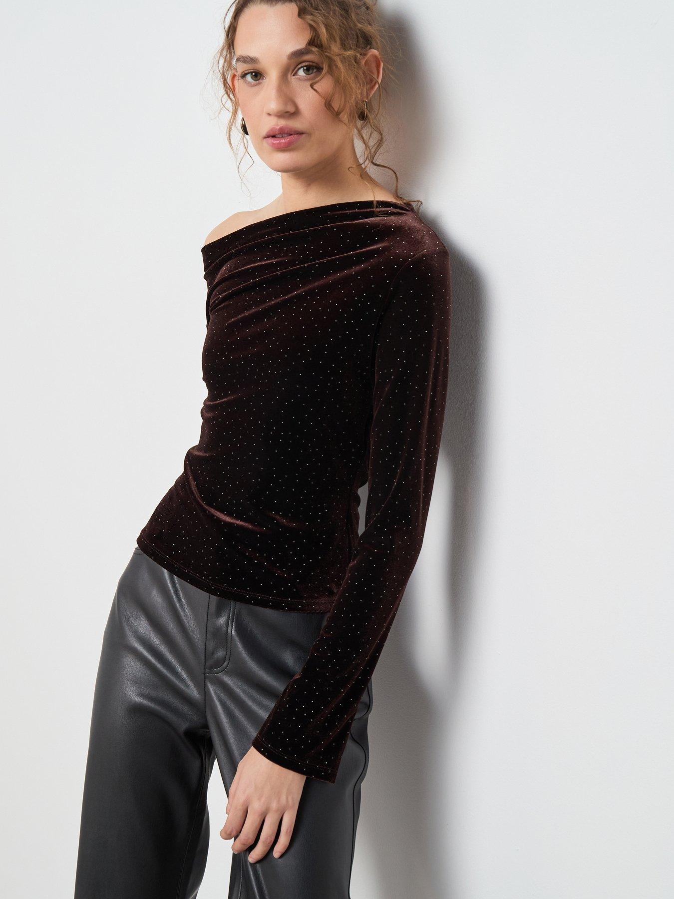 Mango: Asymmetric Velvet Top - Brown
