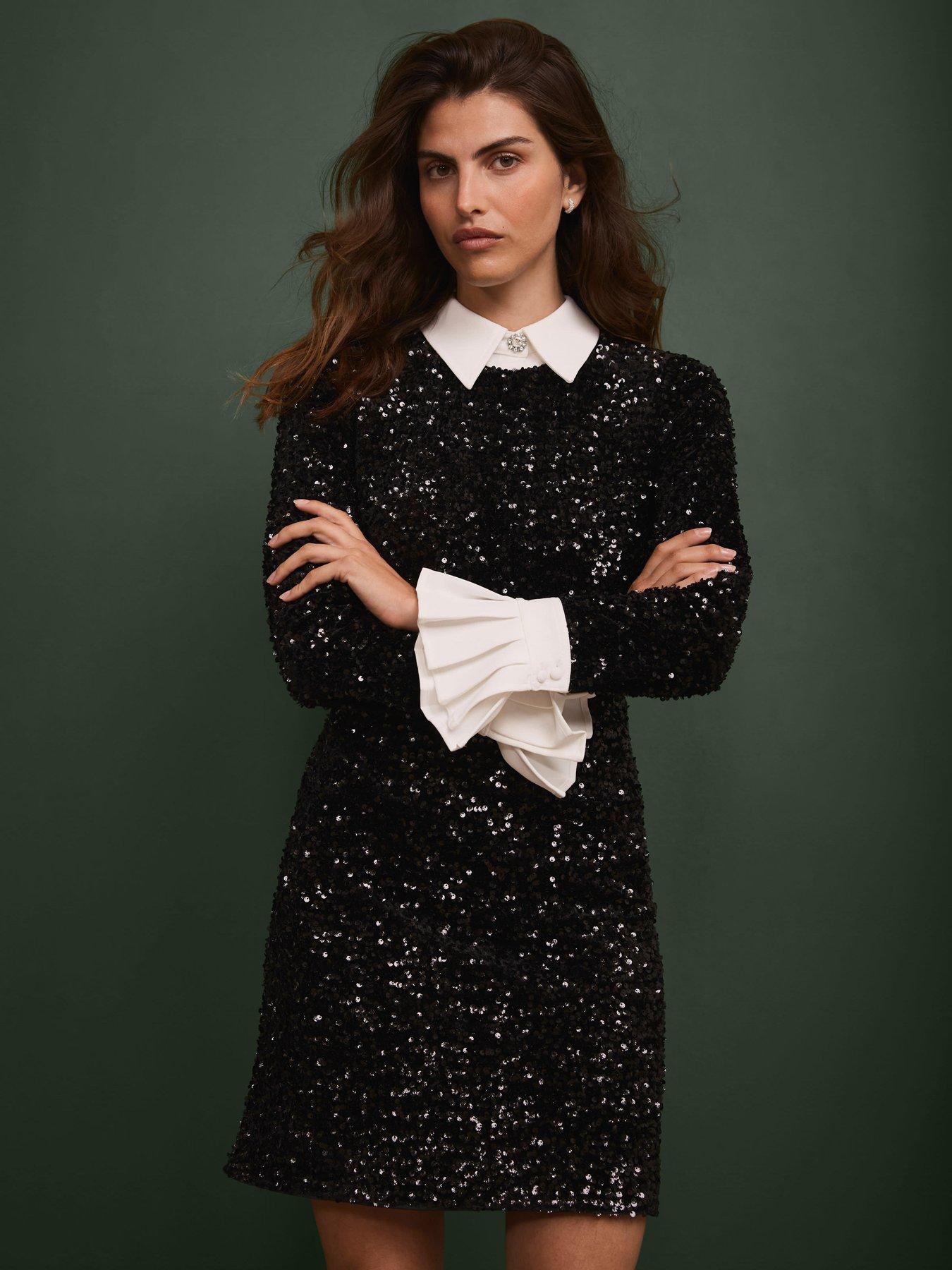 Mint Velvet Sequin Contrast Collar Dress - Black | Very