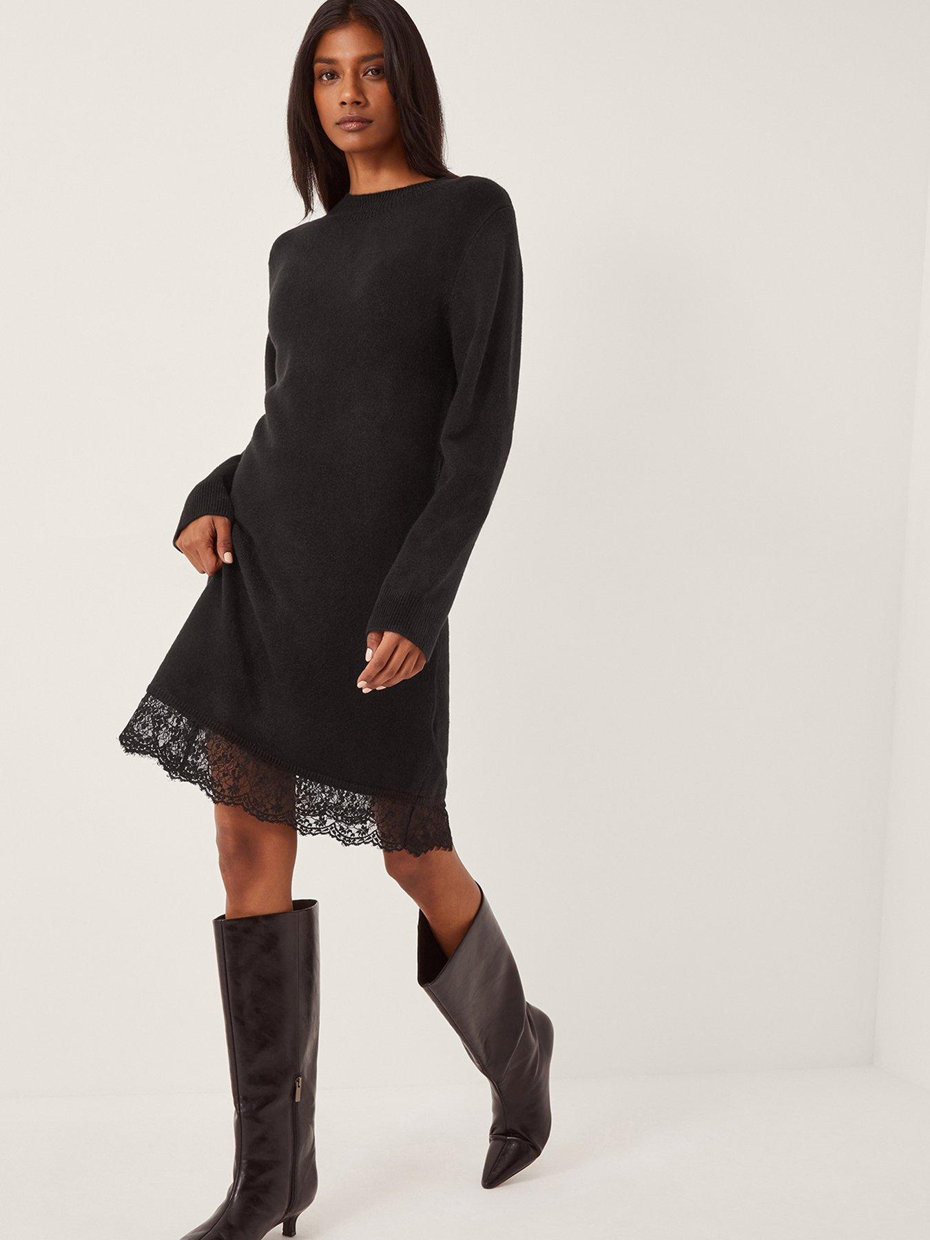 Image 1 of 4 of Monsoon Lou Lace Knit Dress - Black