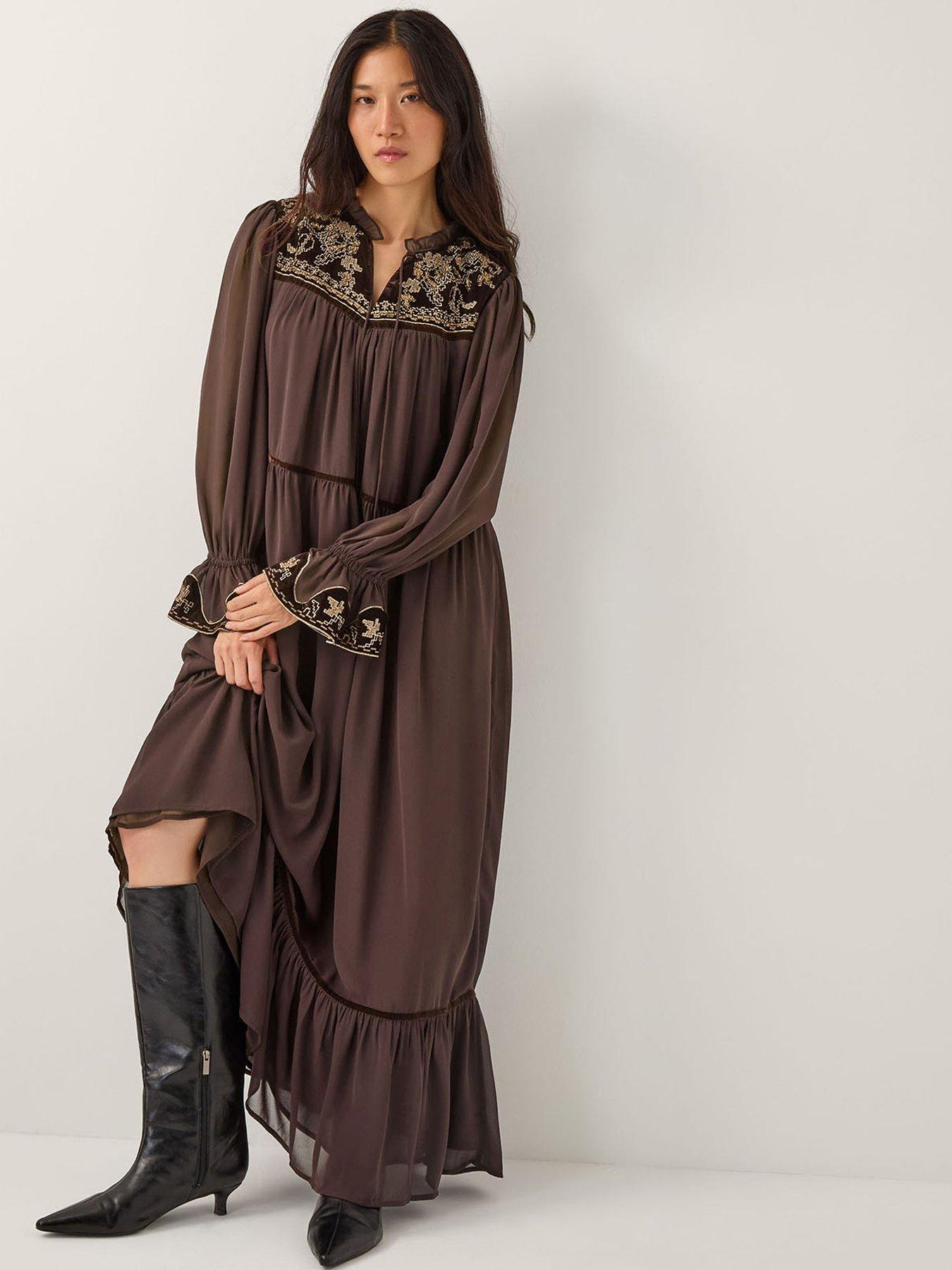 Monsoon Nova Embroidered Yoke Dress - Brown