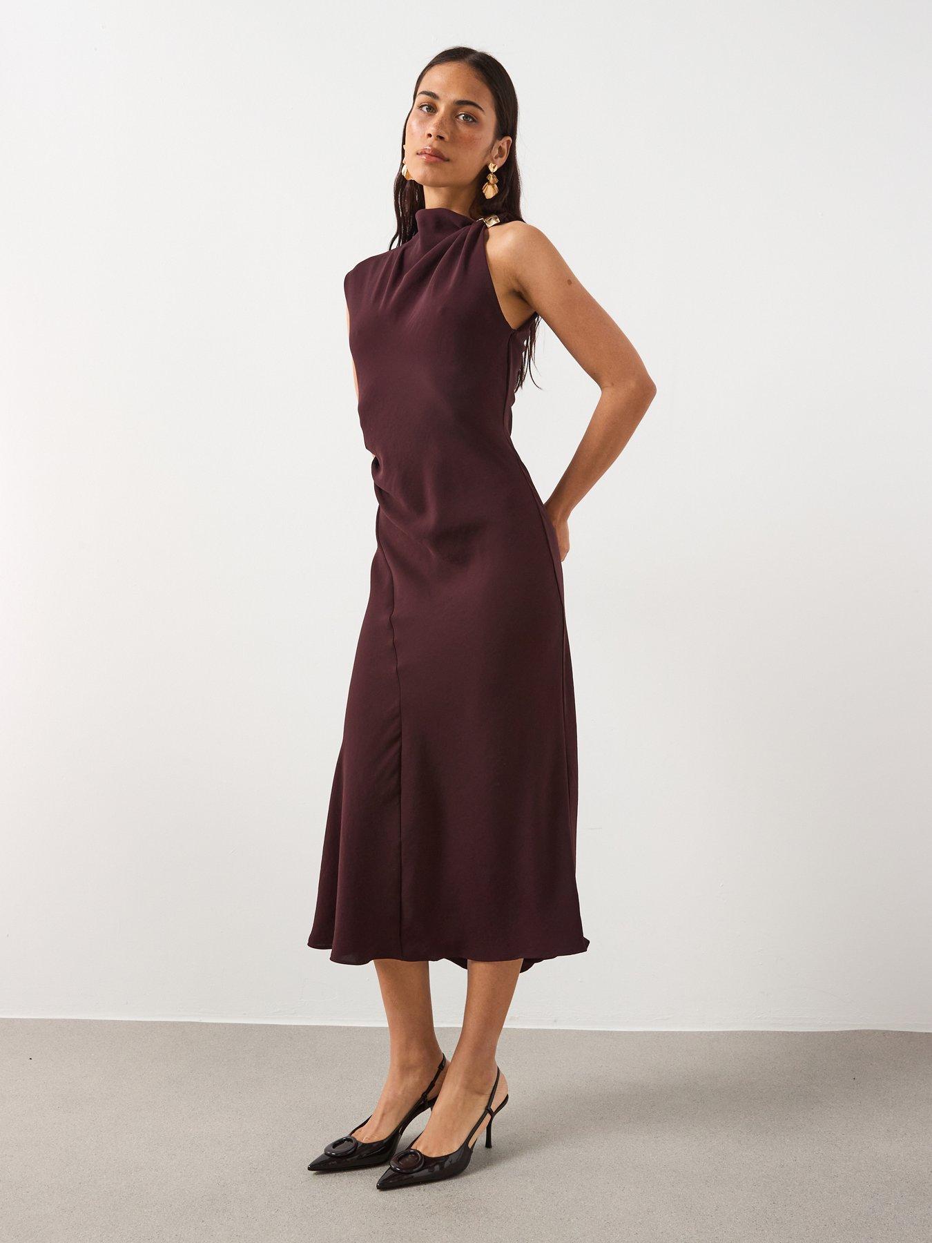 Mango Dress With Asymmetrical Neck And Metallic Detail - Brown