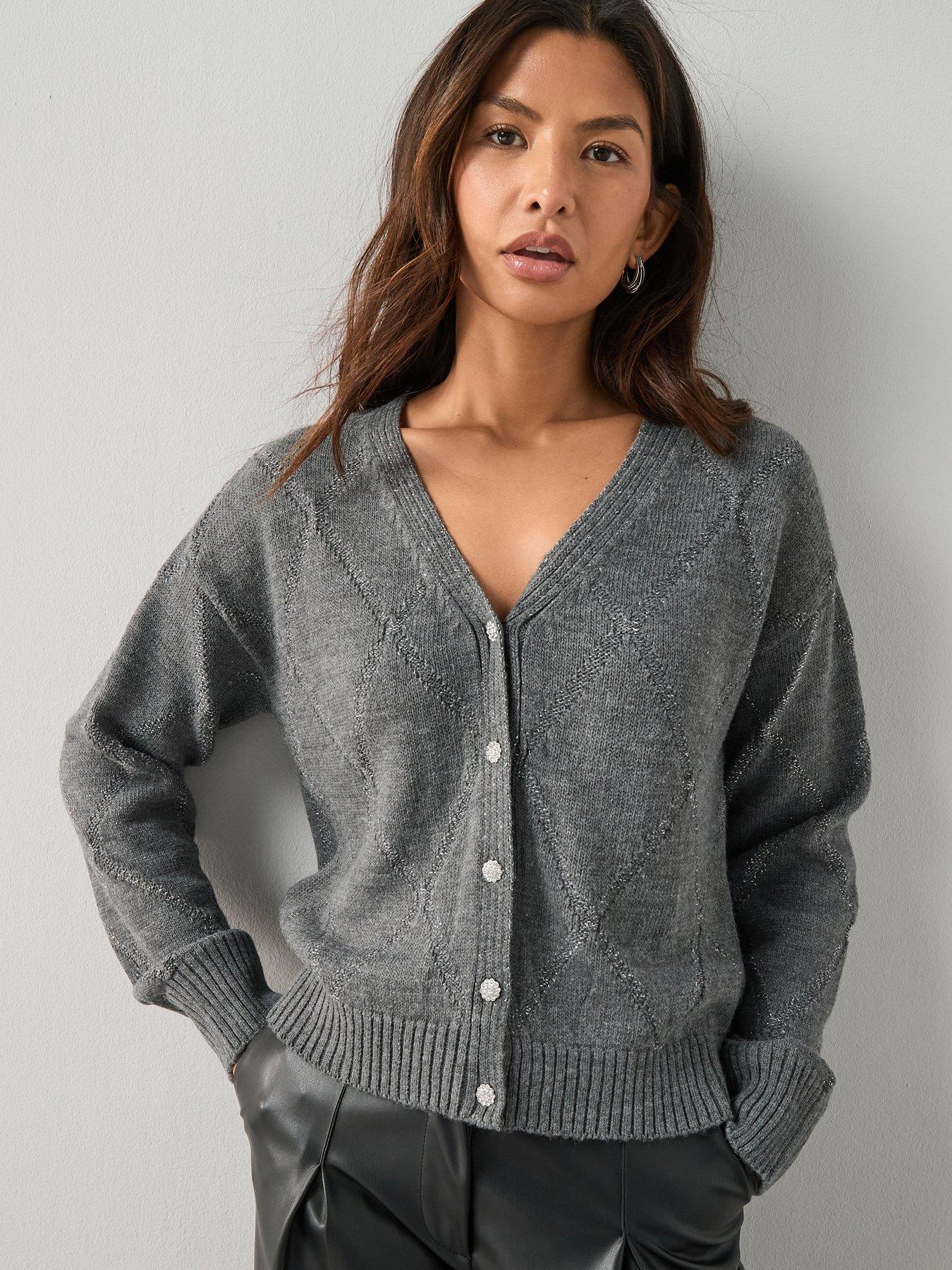 Image 1 of 6 of The Very Collection V Neck Glitter Argyle Knitted Cardigan - Grey