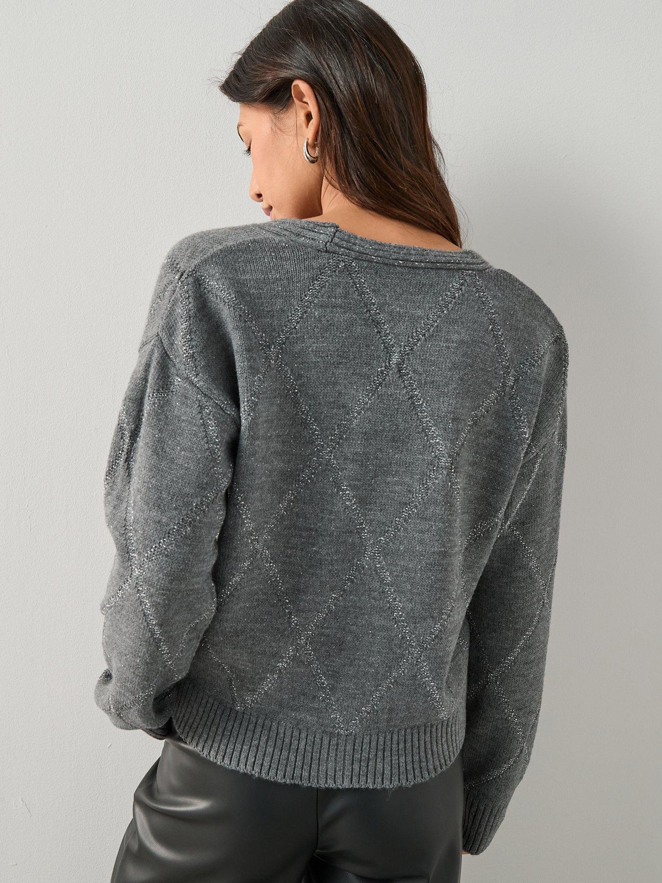 Image 2 of 6 of The Very Collection V Neck Glitter Argyle Knitted Cardigan - Grey