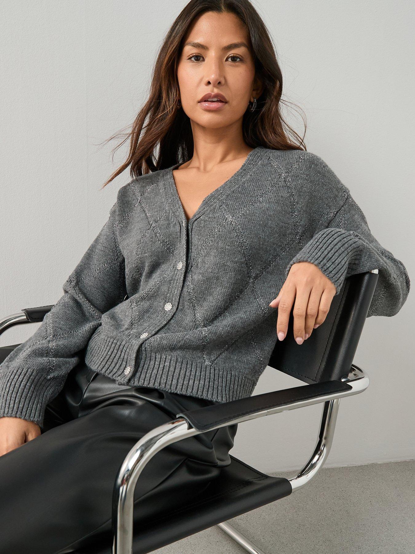 Image 4 of 6 of The Very Collection V Neck Glitter Argyle Knitted Cardigan - Grey