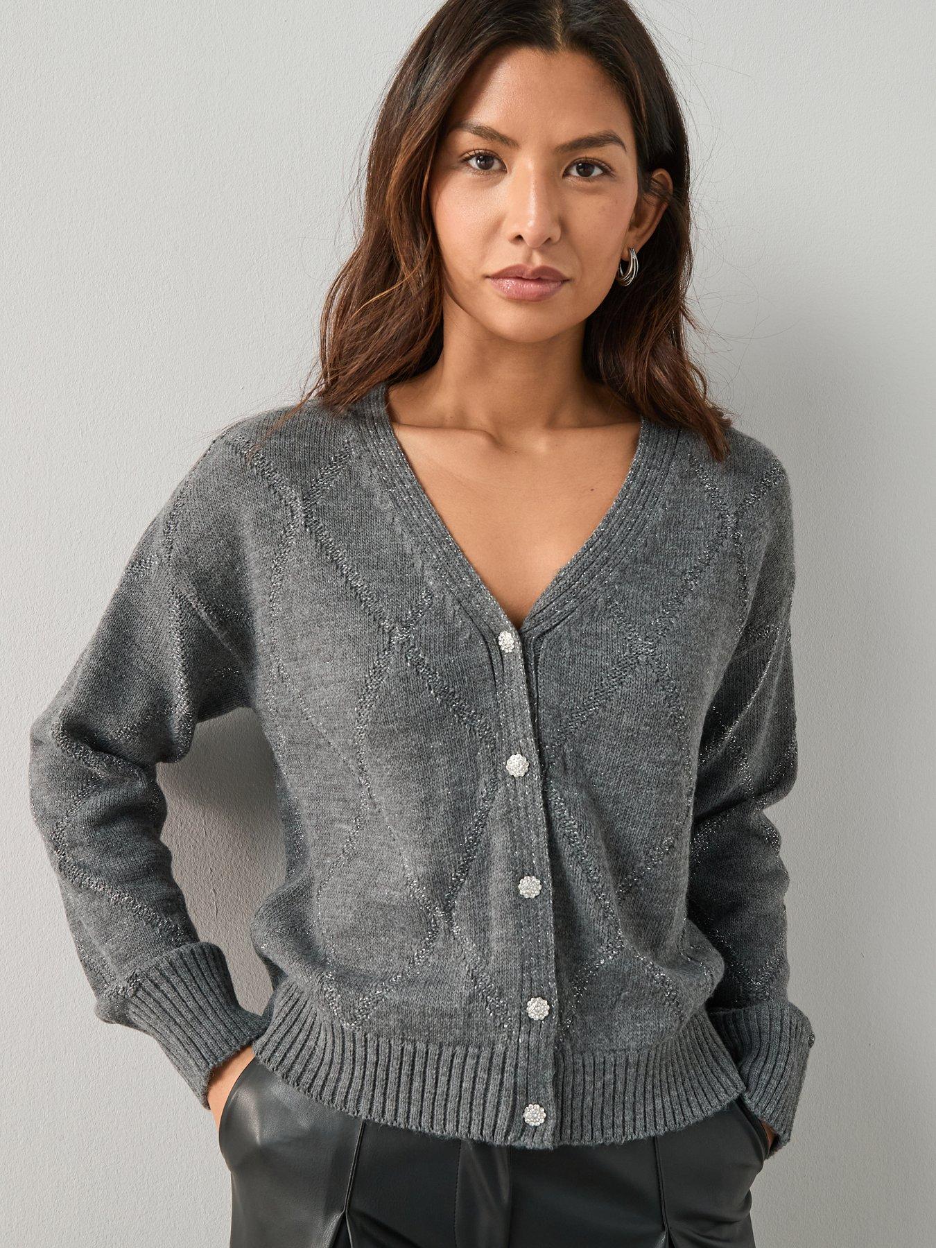 Image 6 of 6 of The Very Collection V Neck Glitter Argyle Knitted Cardigan - Grey