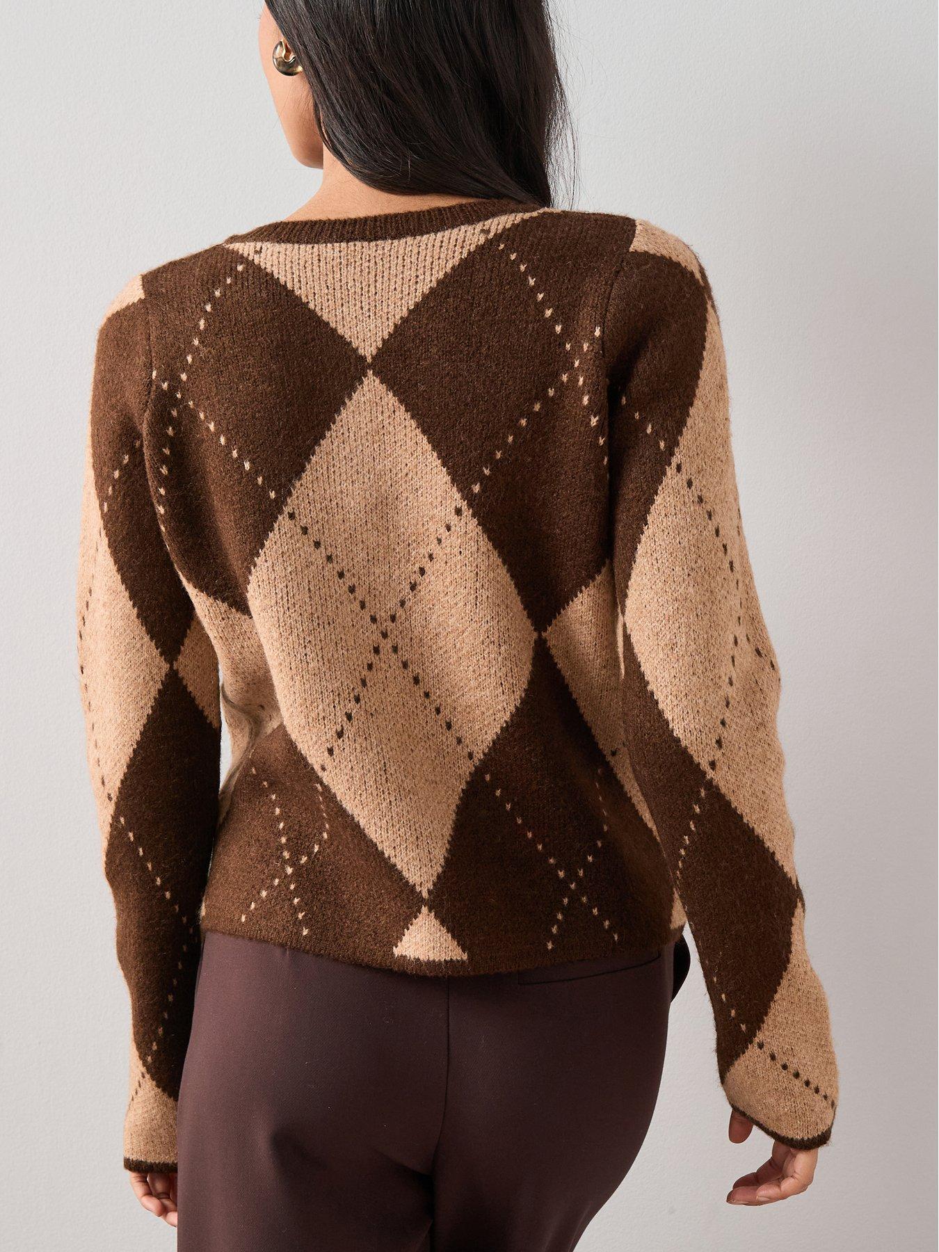 Image 2 of 6 of The Very Collection Crew Neck Argyle Knitted Cardigan - Chocolate