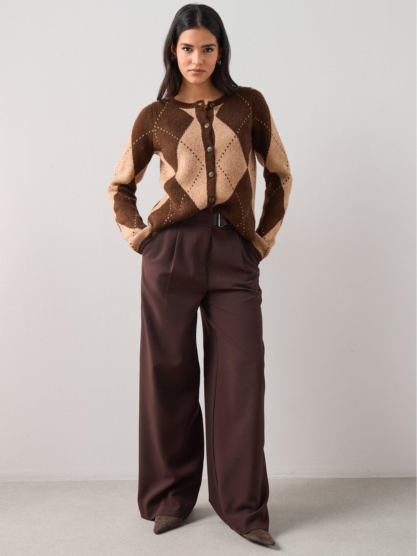 Image 3 of 6 of The Very Collection Crew Neck Argyle Knitted Cardigan - Chocolate