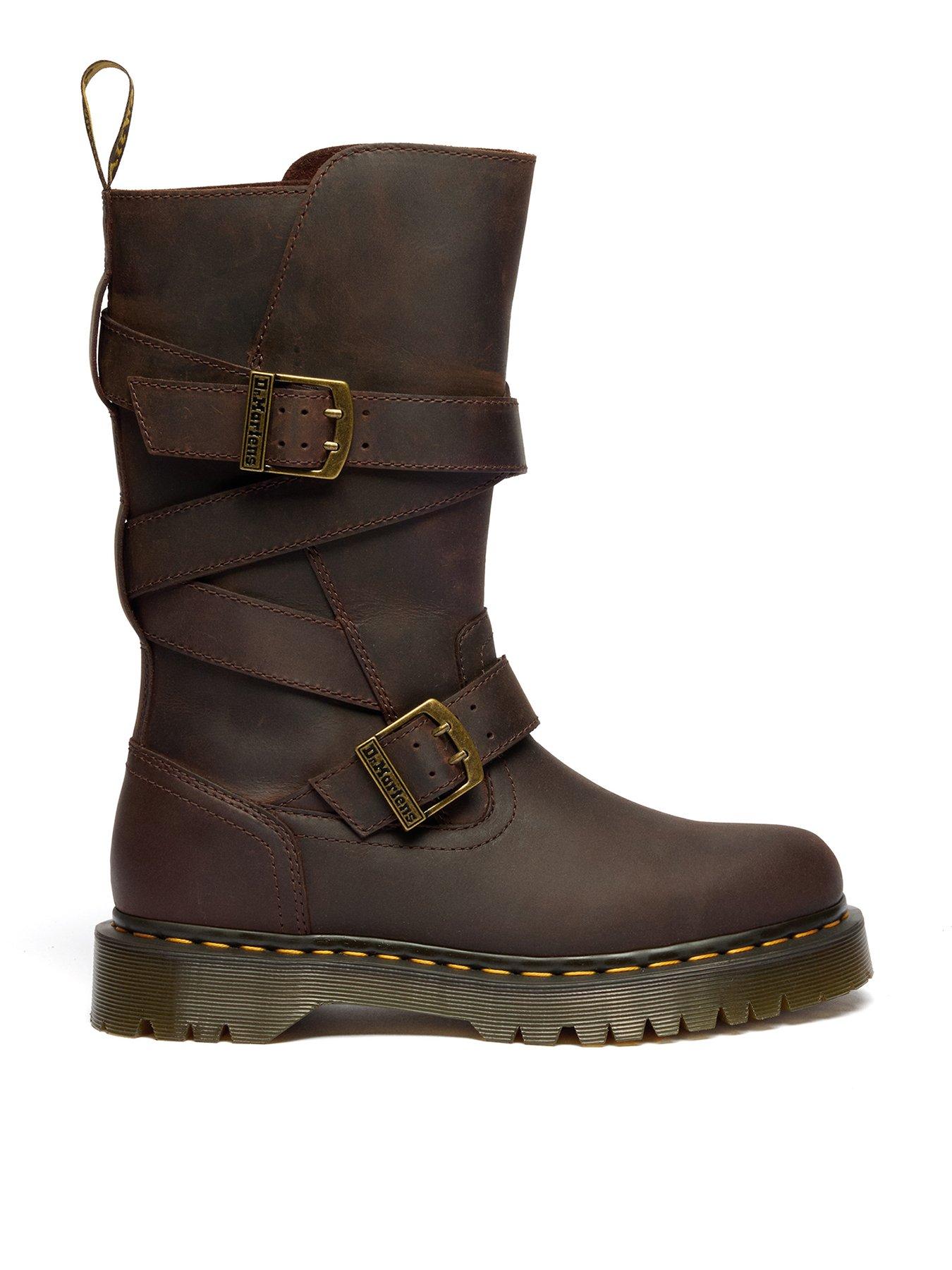 Image 1 of 7 of Dr Martens Anistone 2 Strap Crazy Horse Leather Biker Boots - Dark Brown