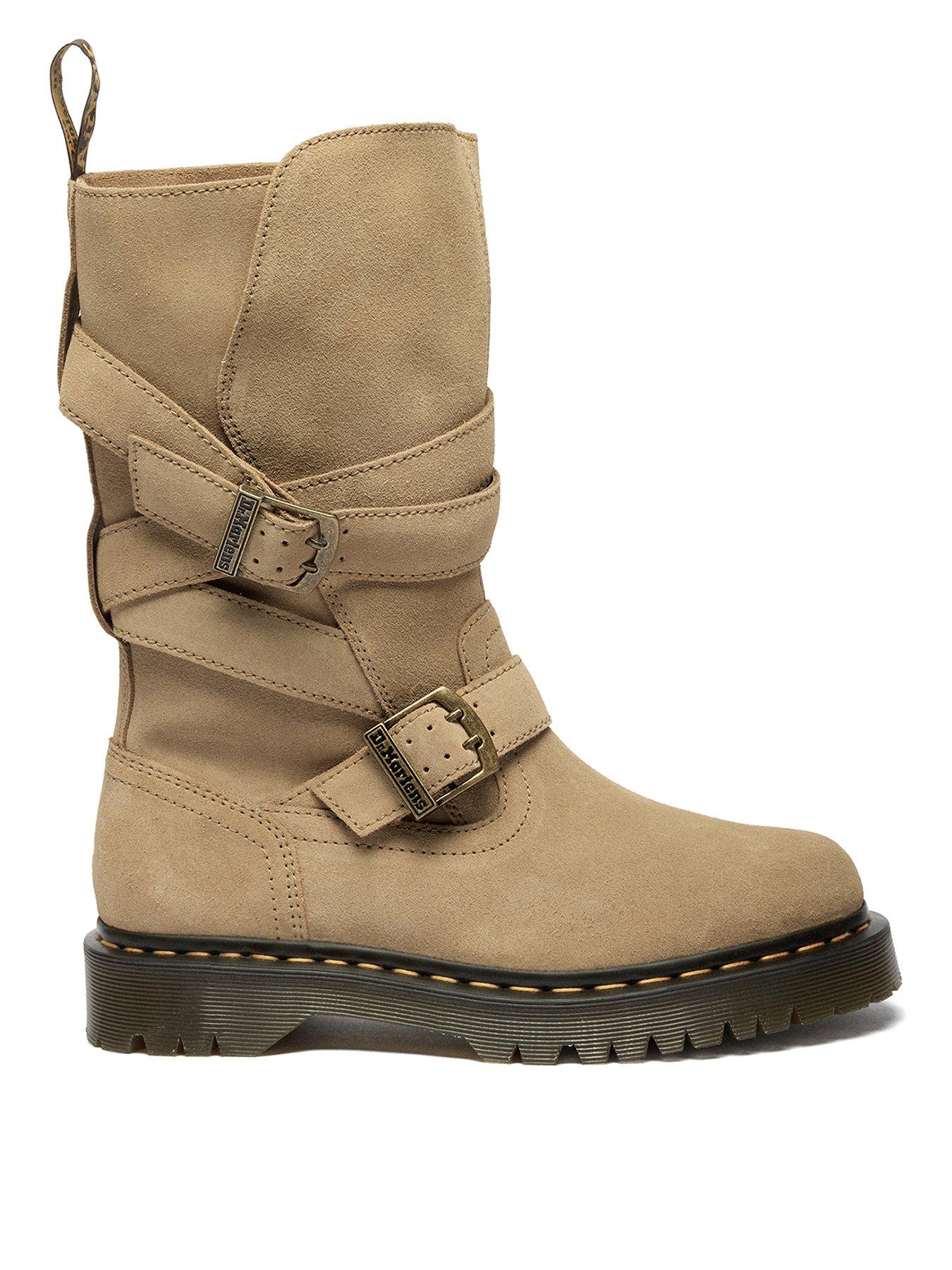 Dr Martens Anistone 2 Strap Suede Biker Boots - Tan Bronx Suede
