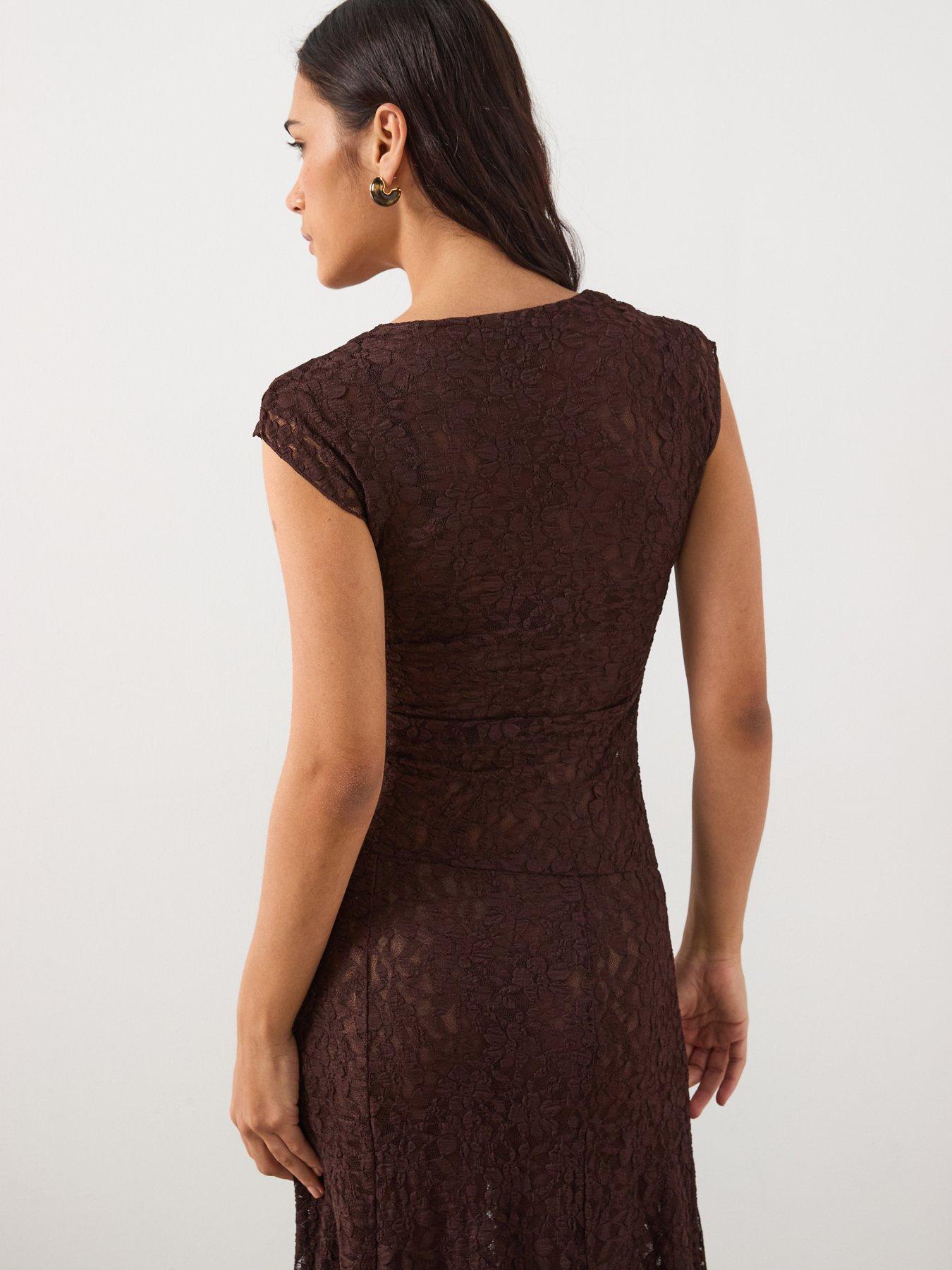 navy blue dress for baby girl ASOS Design Brown Lace Bodice Cami Asymmetric Satin Mini Dress in Brown-Gray main image 0