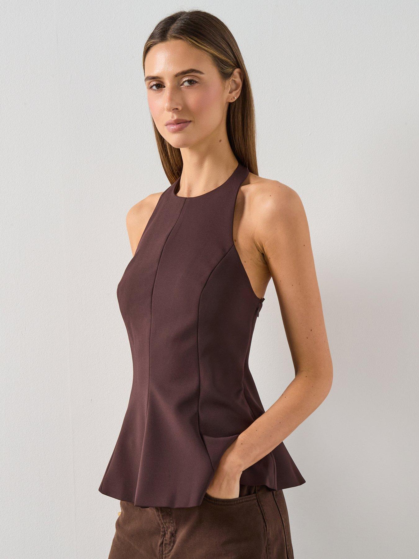 Mango Halterneck Peplum Top - Brown | Very