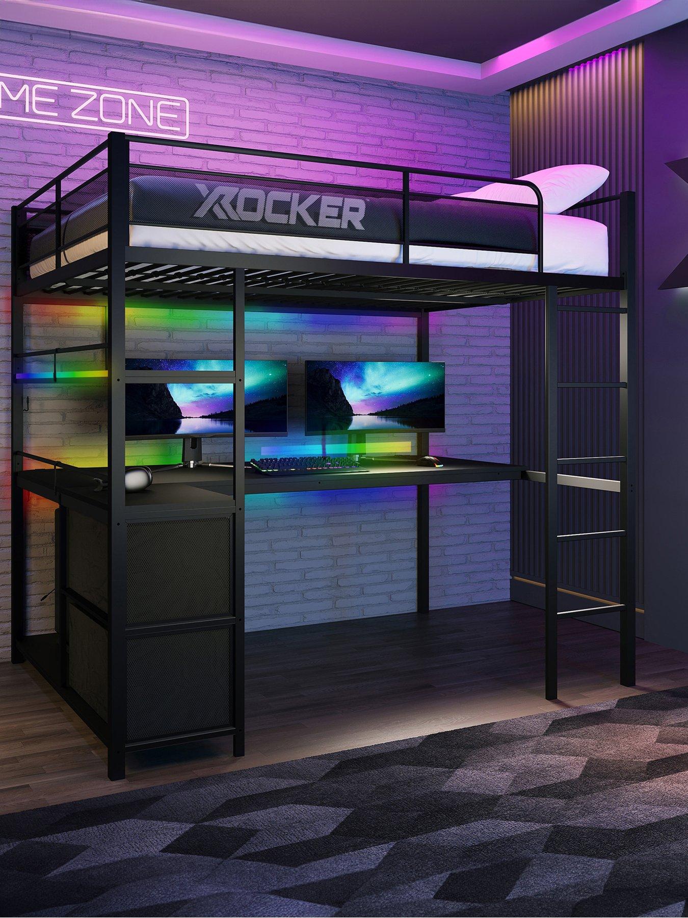 X Rocker Battlebunk XL RGB Double High Sleeper Bed with Desk, Drawers and App-Controlled LED Lights