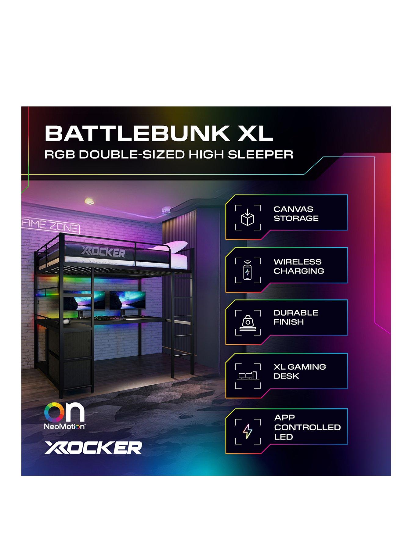 Image 2 of 7 of X Rocker Battlebunk XL RGB Double High Sleeper Bed&nbsp;with Desk, Drawers and&nbsp;App-Controlled LED Lights