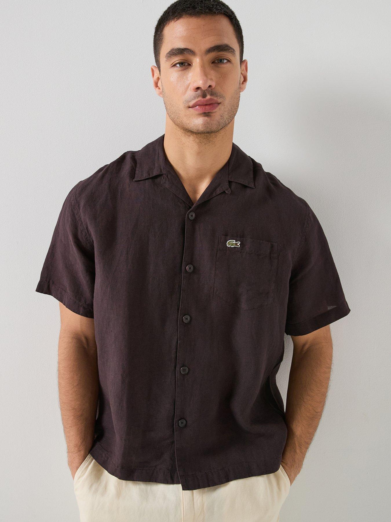 Lacoste Open Collar Linen Short Sleeve Relaxed Shirt, Brown, Size Xl, Men