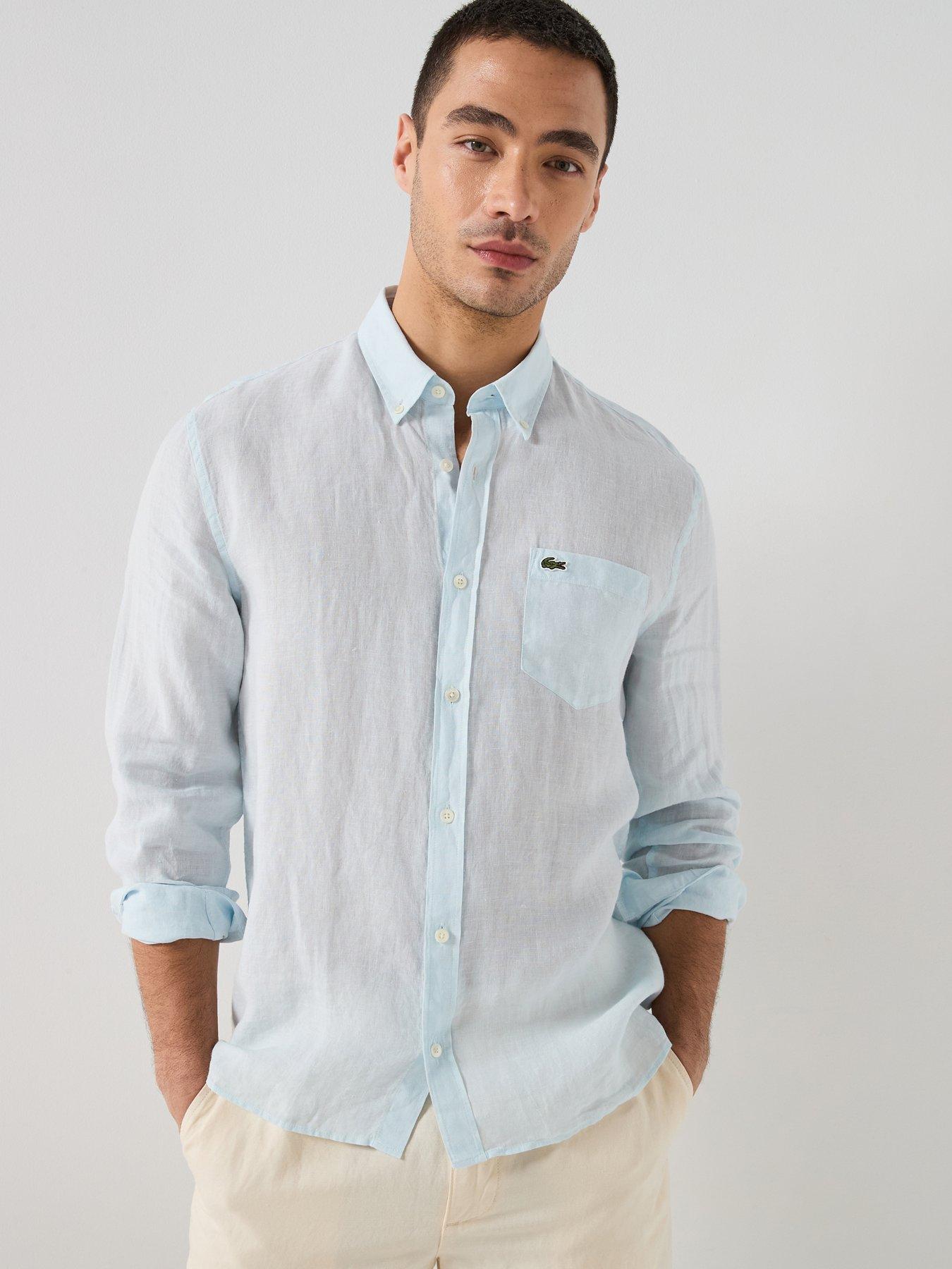 Image 1 of 6 of Lacoste Regular Fit Linen Long Sleeve Shirt - Light Blue