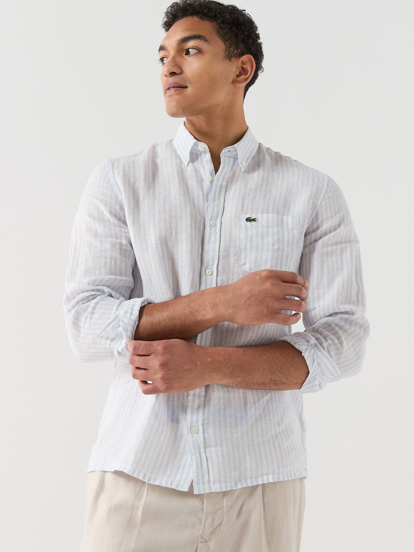 Lacoste Lacoste Regular Fit Striped Linen Shirt - Blue