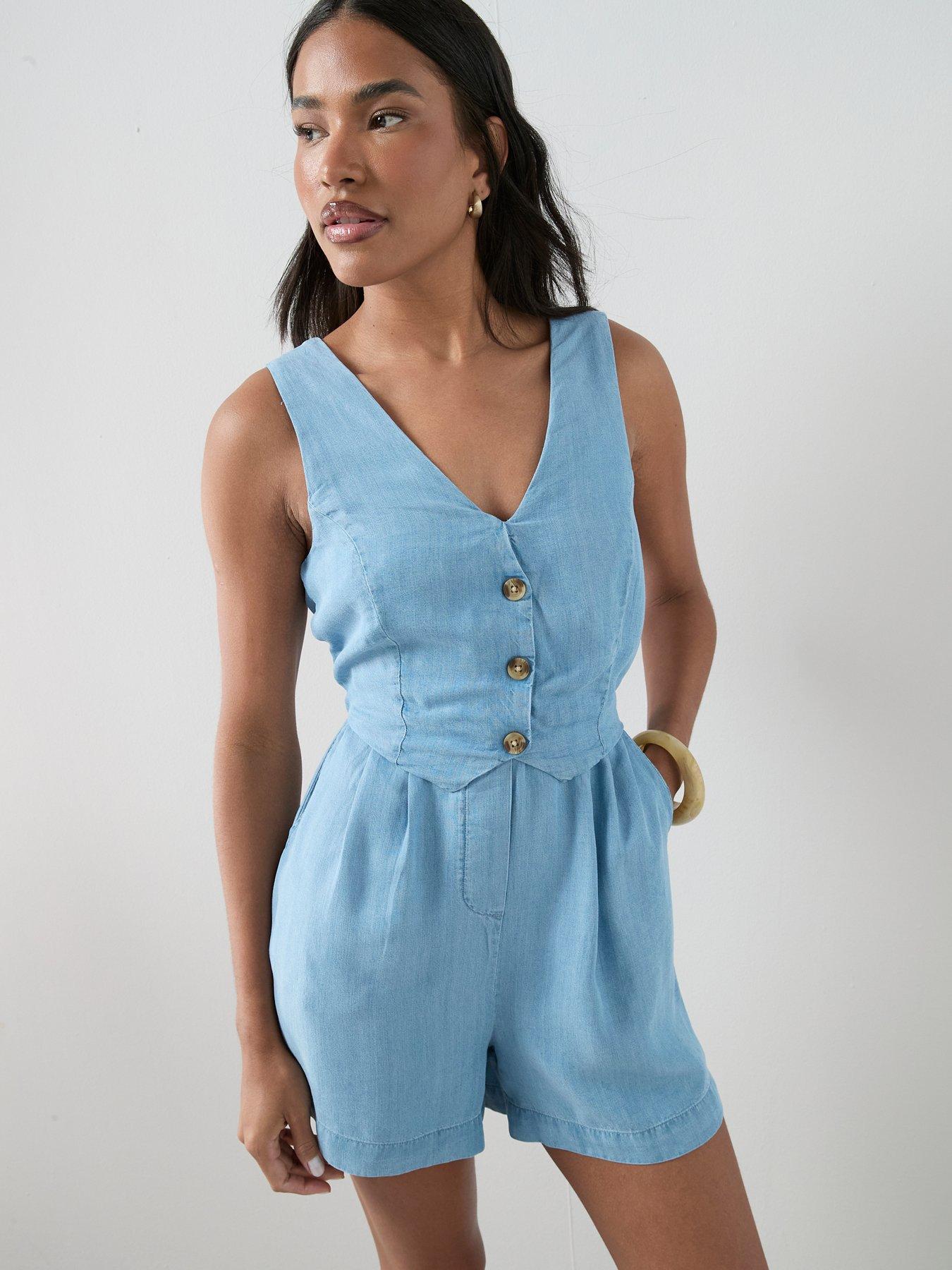 Image 4 of 7 of The Very Collection Denim Waistcoat Playsuit - Mid Wash