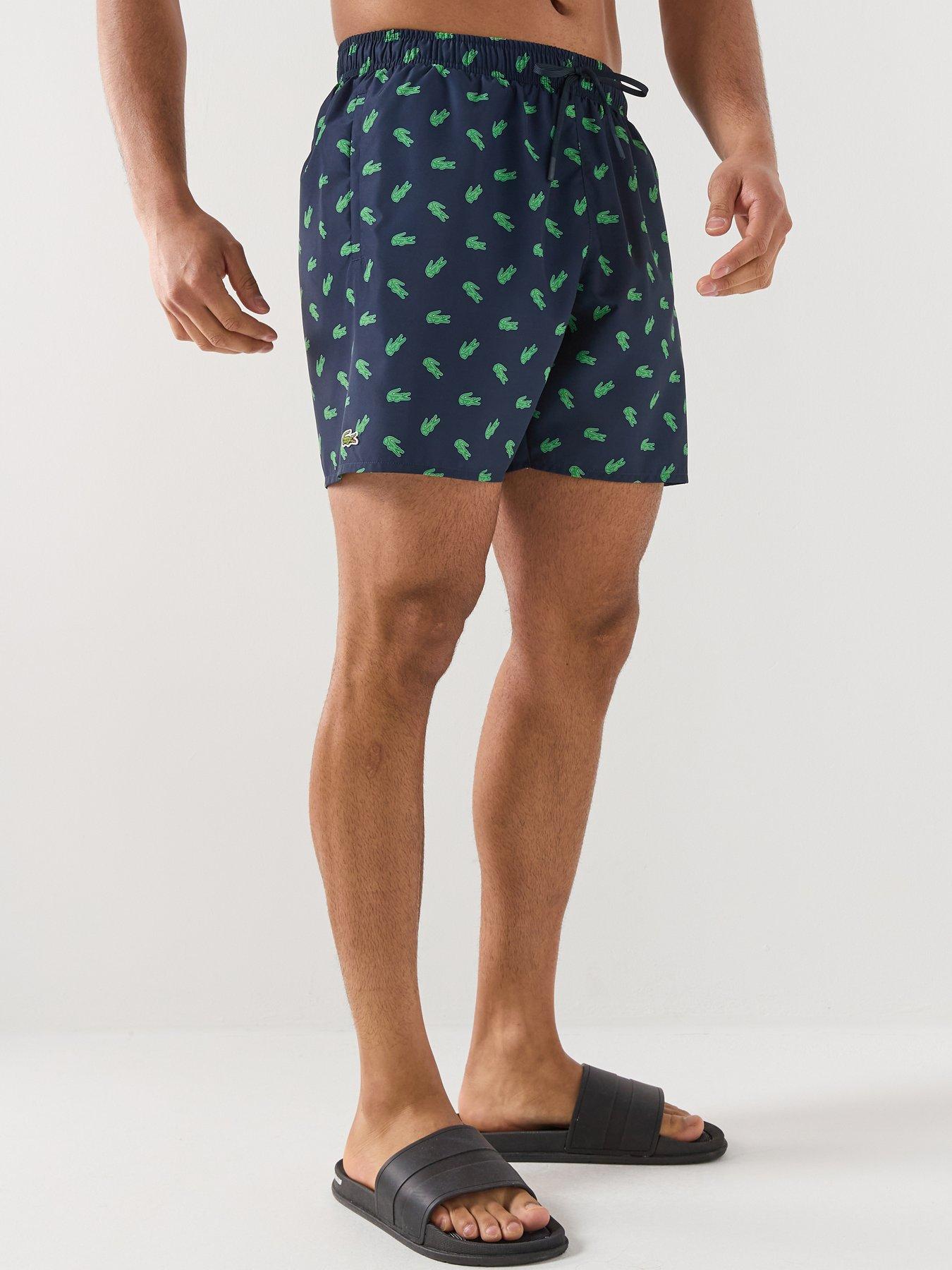 Lacoste Mid Length Crocodile Print Swim Trunks - Navy