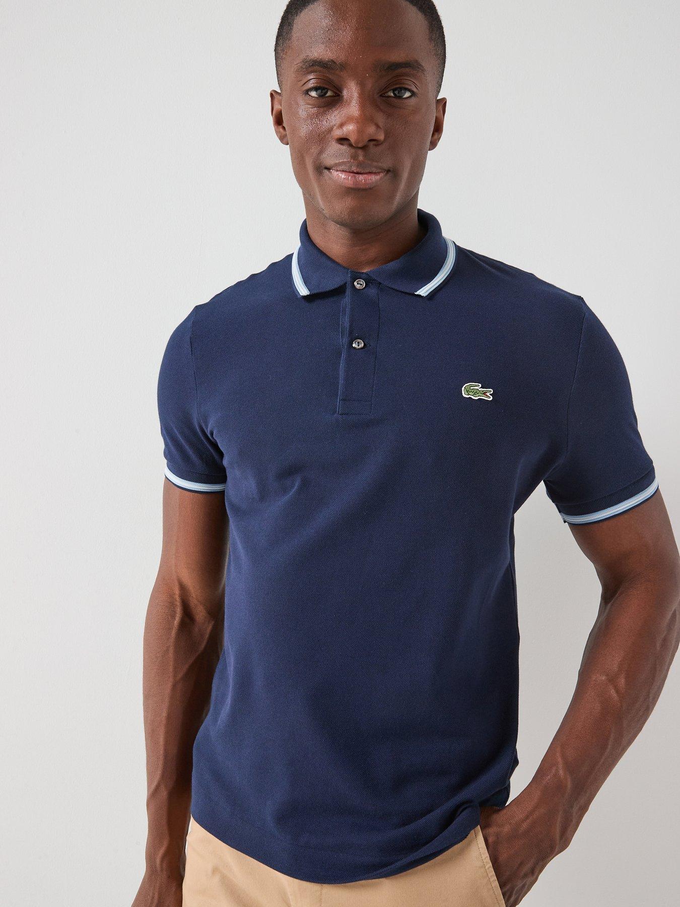 Lacoste Stripe Collar Pique Polo Shirt, Navy, Size S, Men