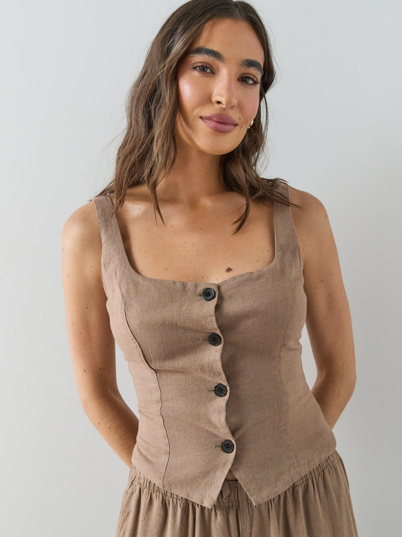 Image 1 of 7 of The Very Collection Soft Touch Button Detail Co-Ord Top - Brown