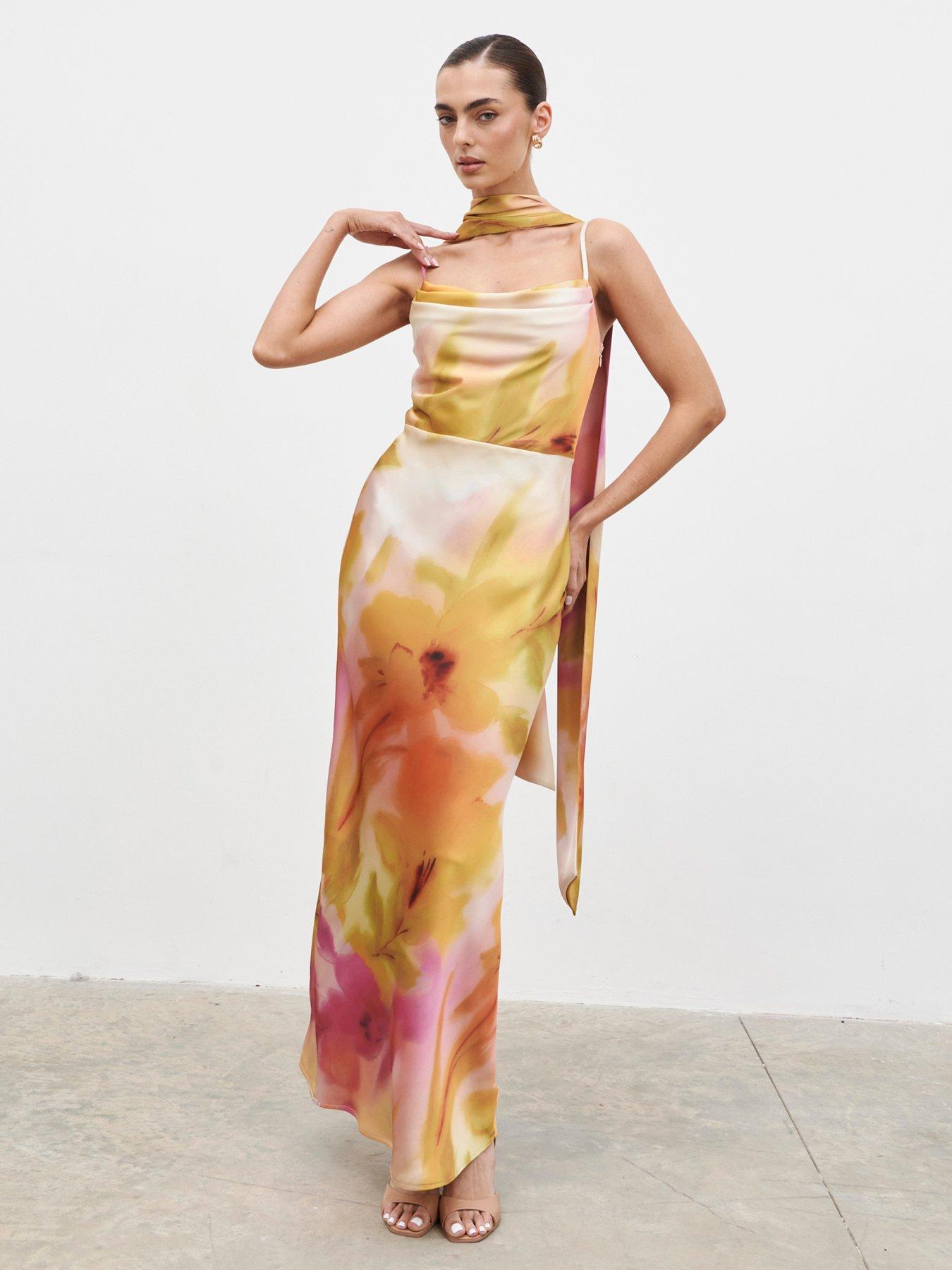 Pretty Lavish Keisha Scarf Maxi Dress - Pink and Yellow Ochre Floral