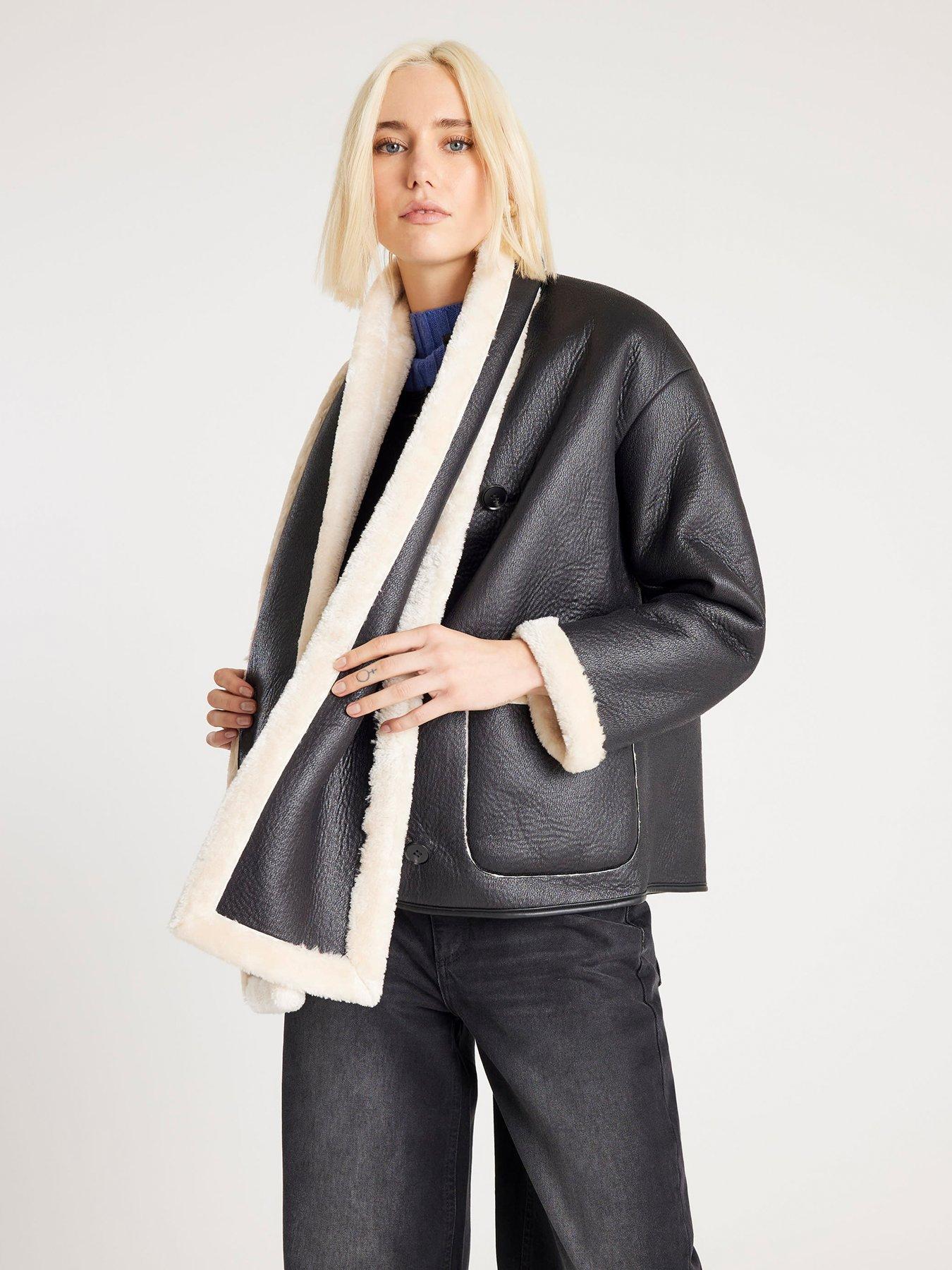 River Island Scarf Detail Shearling Jacket - Black