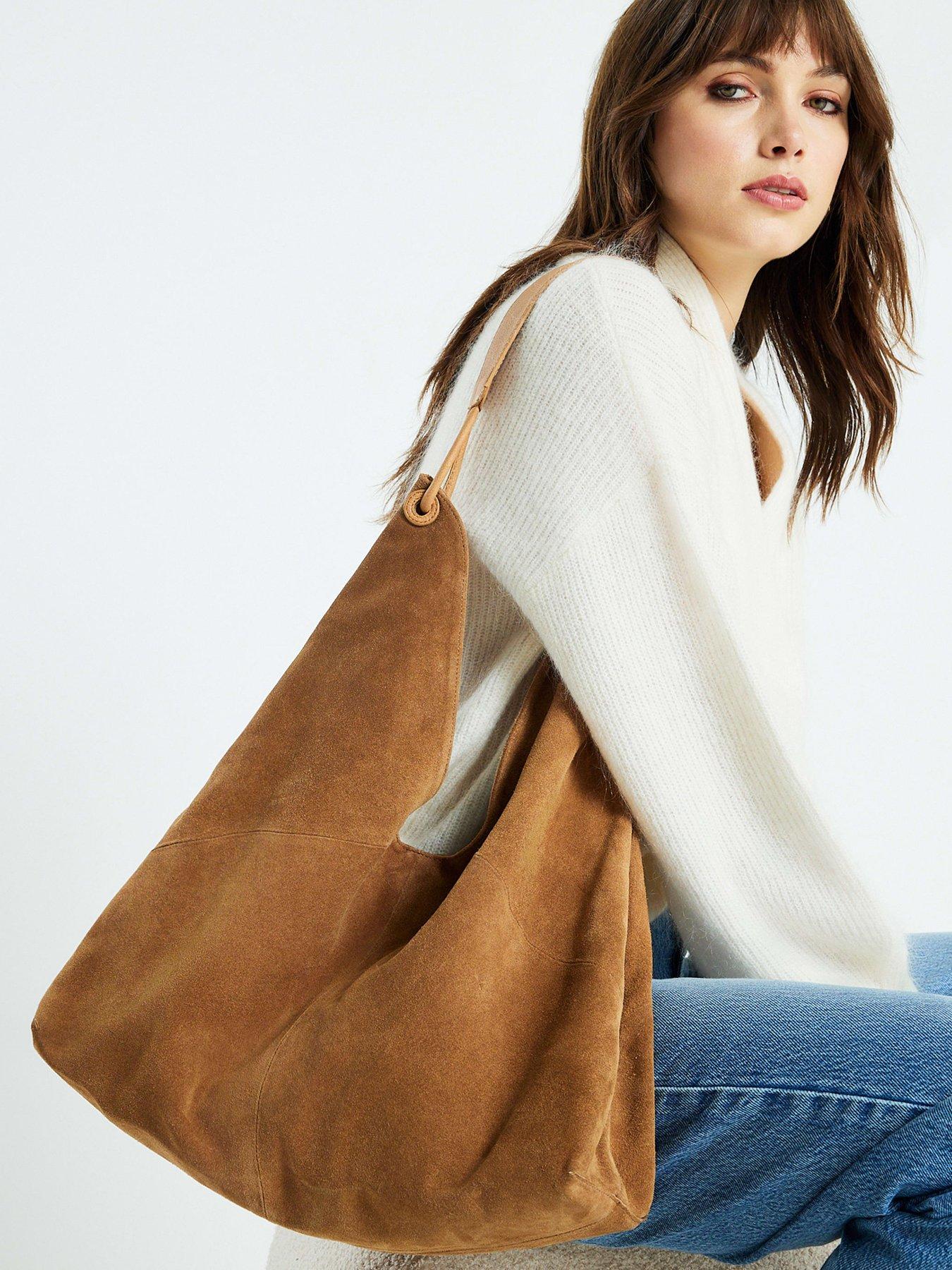 Image 1 of 6 of River Island Suede Panelled Slouch Bag - Brown