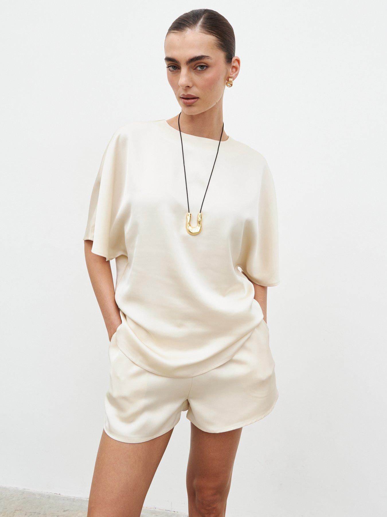 Image 3 of 4 of Pretty Lavish Breya Boxy Satin T-Shirt - Oyster