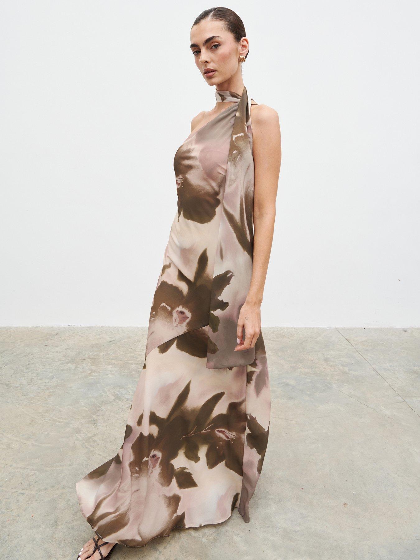 Pretty Lavish Sheree One Shoulder Chiffon Maxi Dress - Netural Watercolour Floral