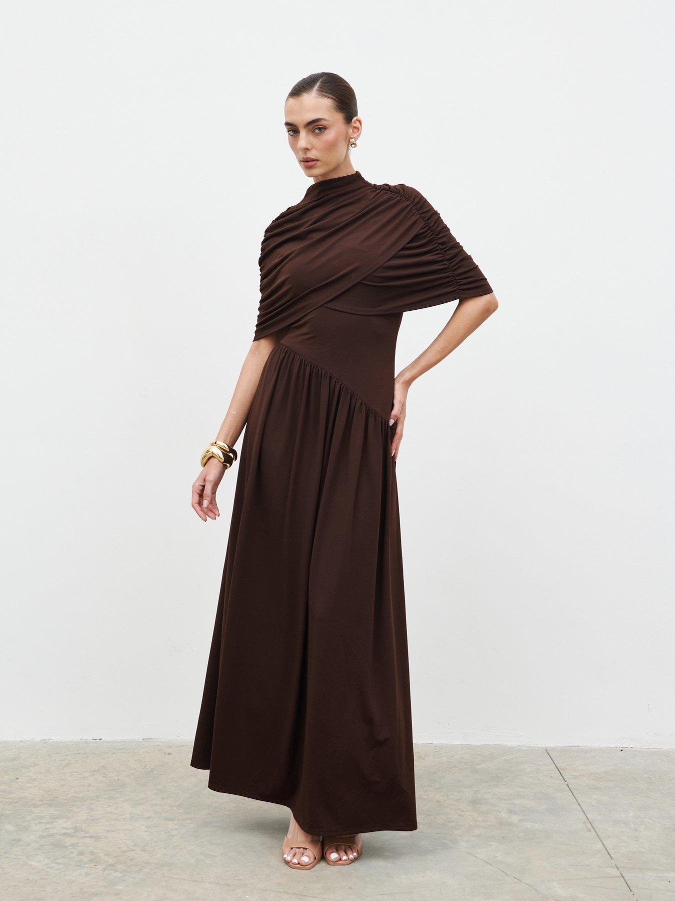 pretty brown dresses A Line Brown Simple Evening Party Dresses Long Prom Dresses With Slit main image 1