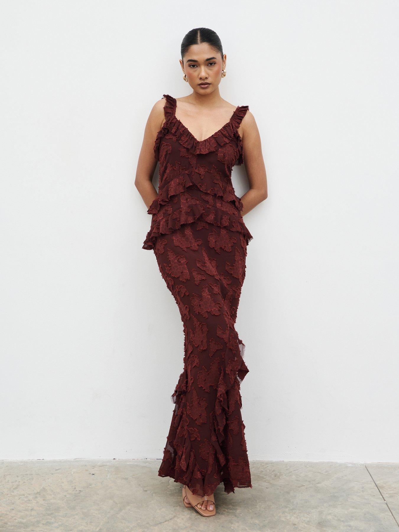 Image 1 of 5 of Pretty Lavish Helena Ruffle Jacquard Maxi Dress - Mahogany