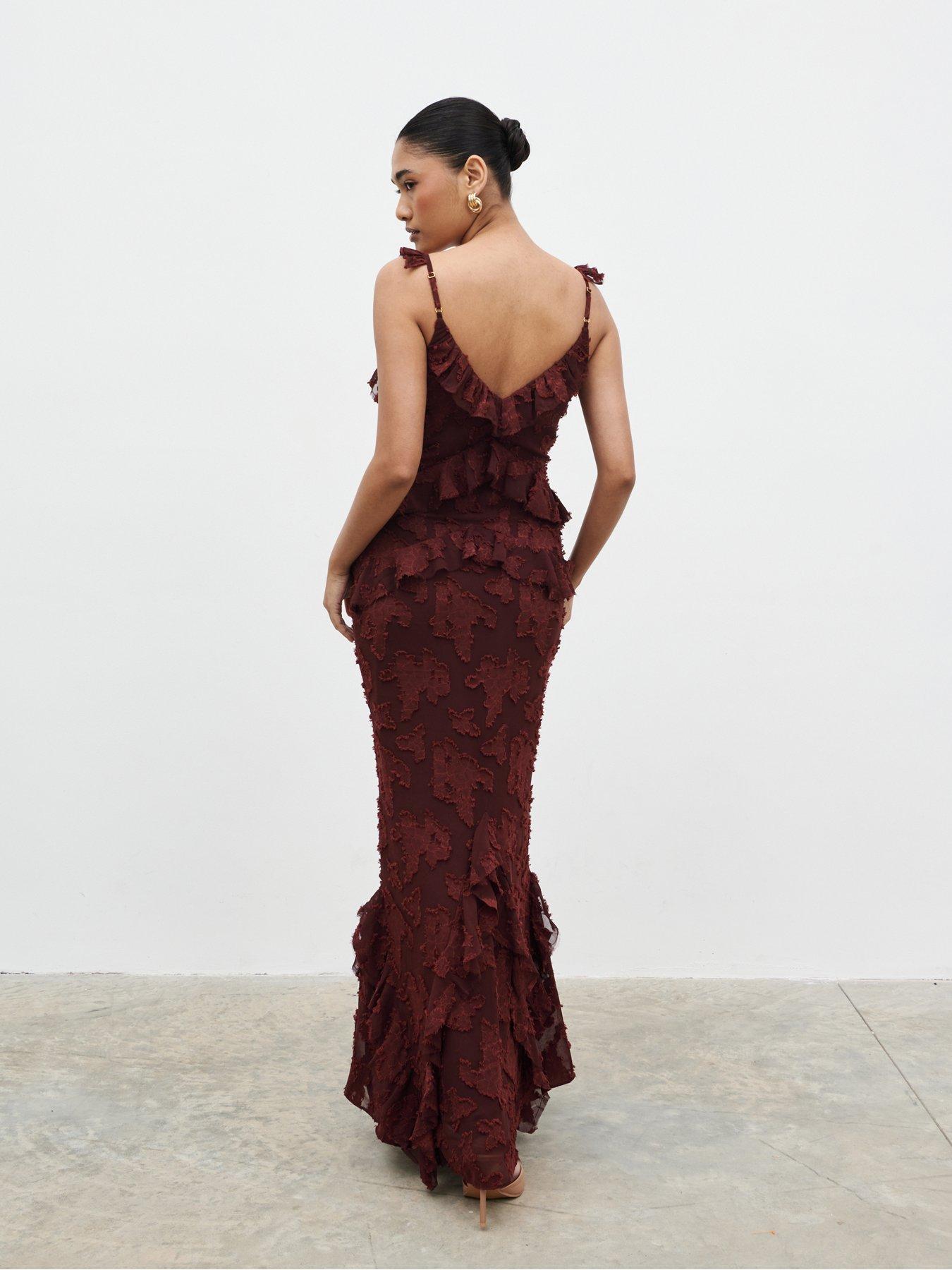 Image 2 of 5 of Pretty Lavish Helena Ruffle Jacquard Maxi Dress - Mahogany