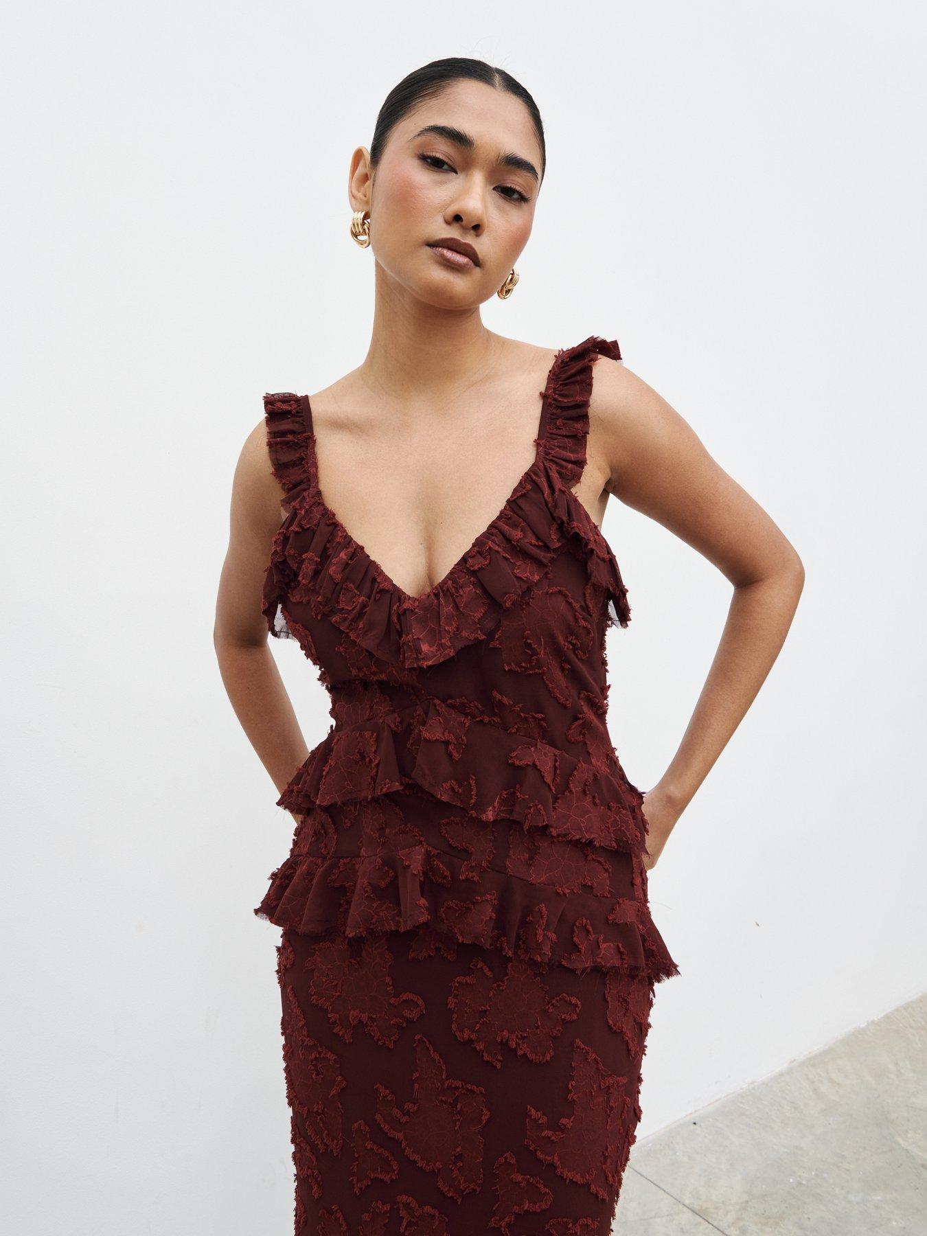 Image 3 of 5 of Pretty Lavish Helena Ruffle Jacquard Maxi Dress - Mahogany
