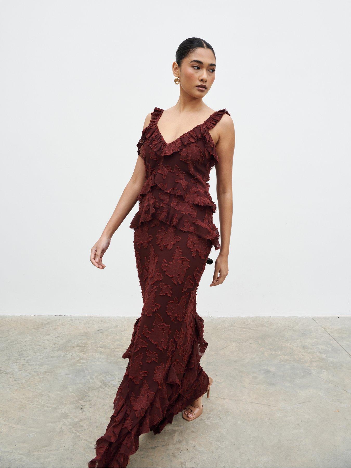 Image 5 of 5 of Pretty Lavish Helena Ruffle Jacquard Maxi Dress - Mahogany