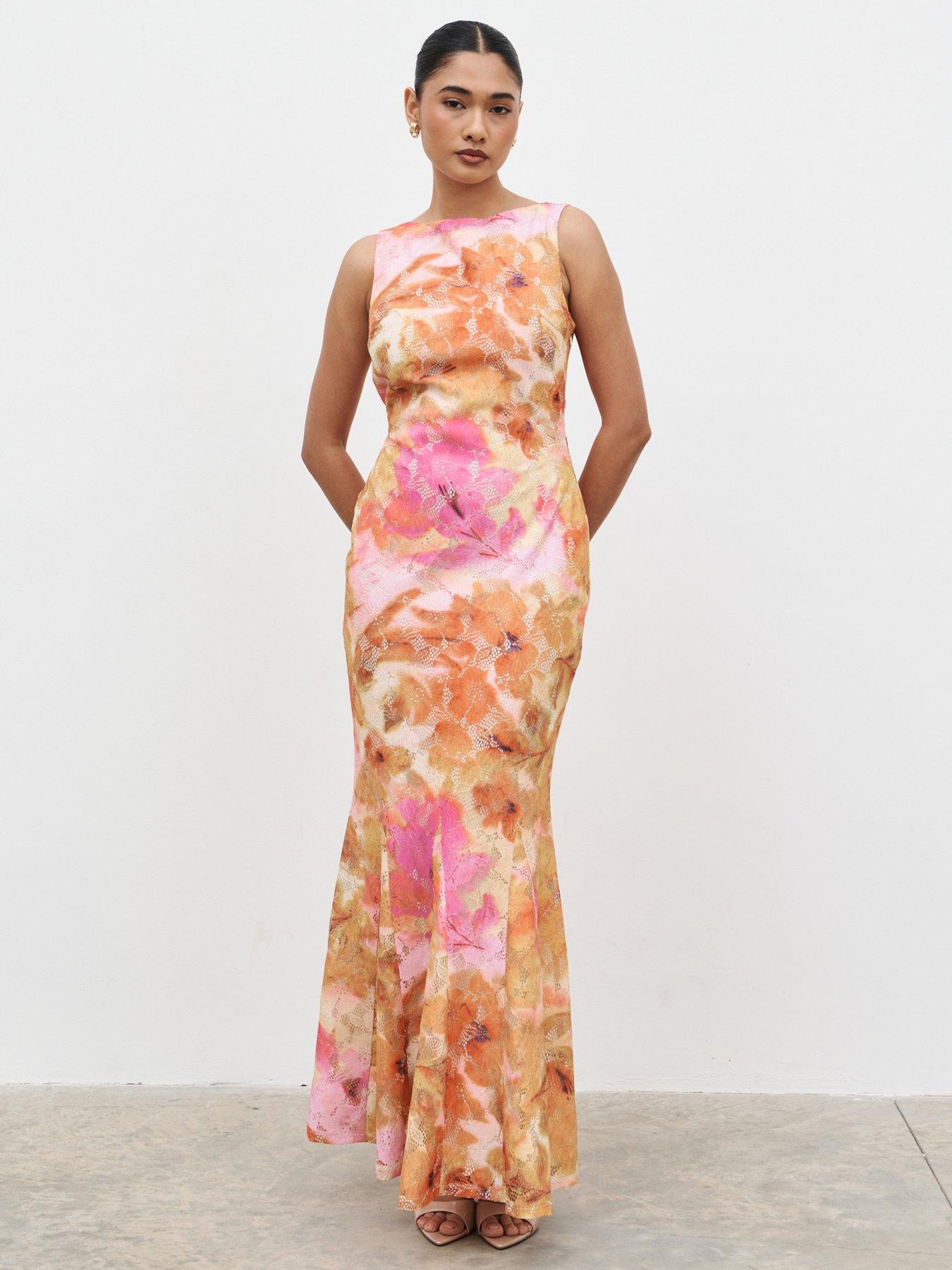 Pretty Lavish Navenna Printed Lace Backless Maxi Dress - Pink And Yellow Ochre Floral