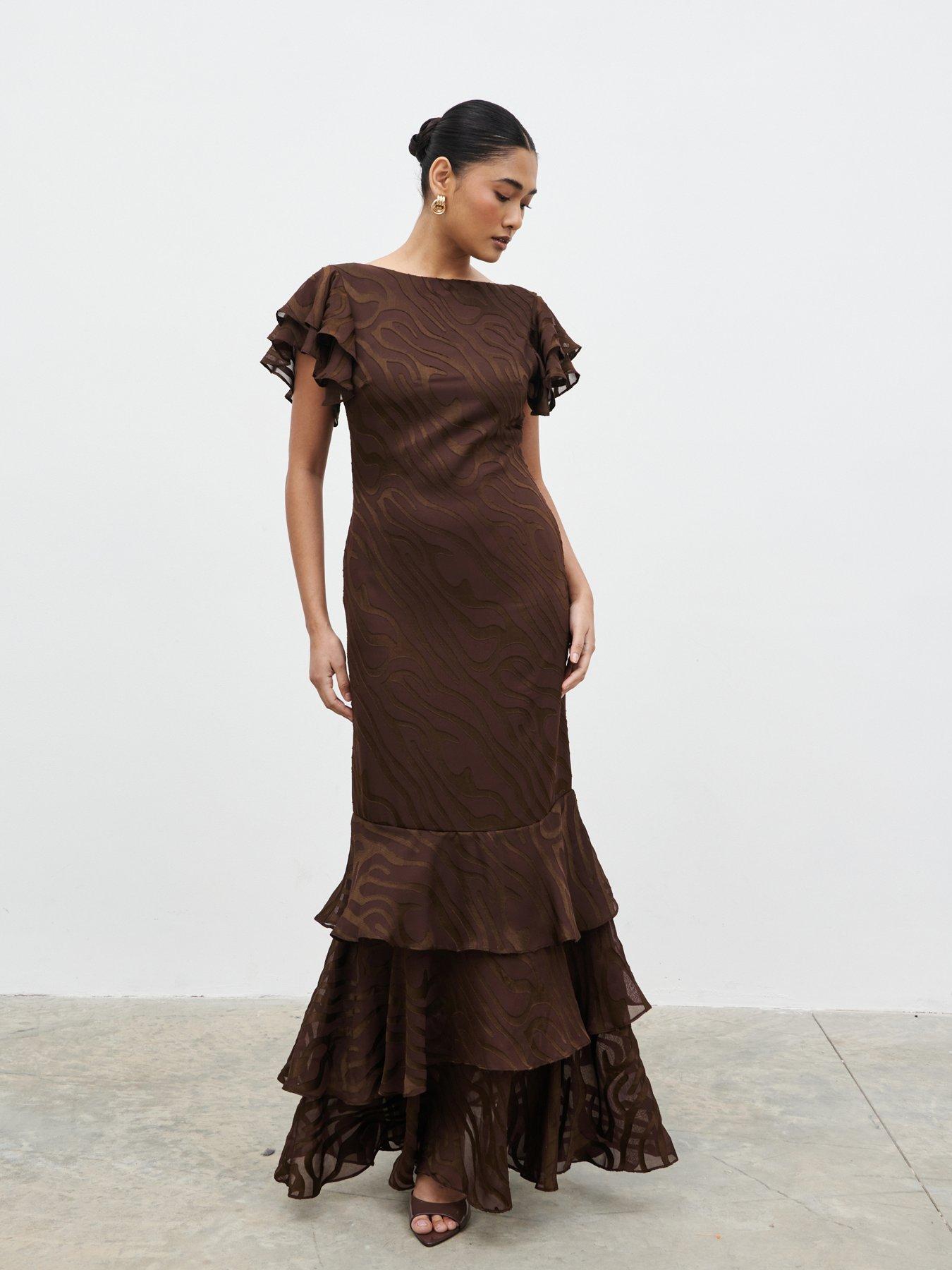 pretty brown dresses Brown Satin Floor Length Prom Dress , Off the Shoulder A-Line Evening Dress US 4 / Brown