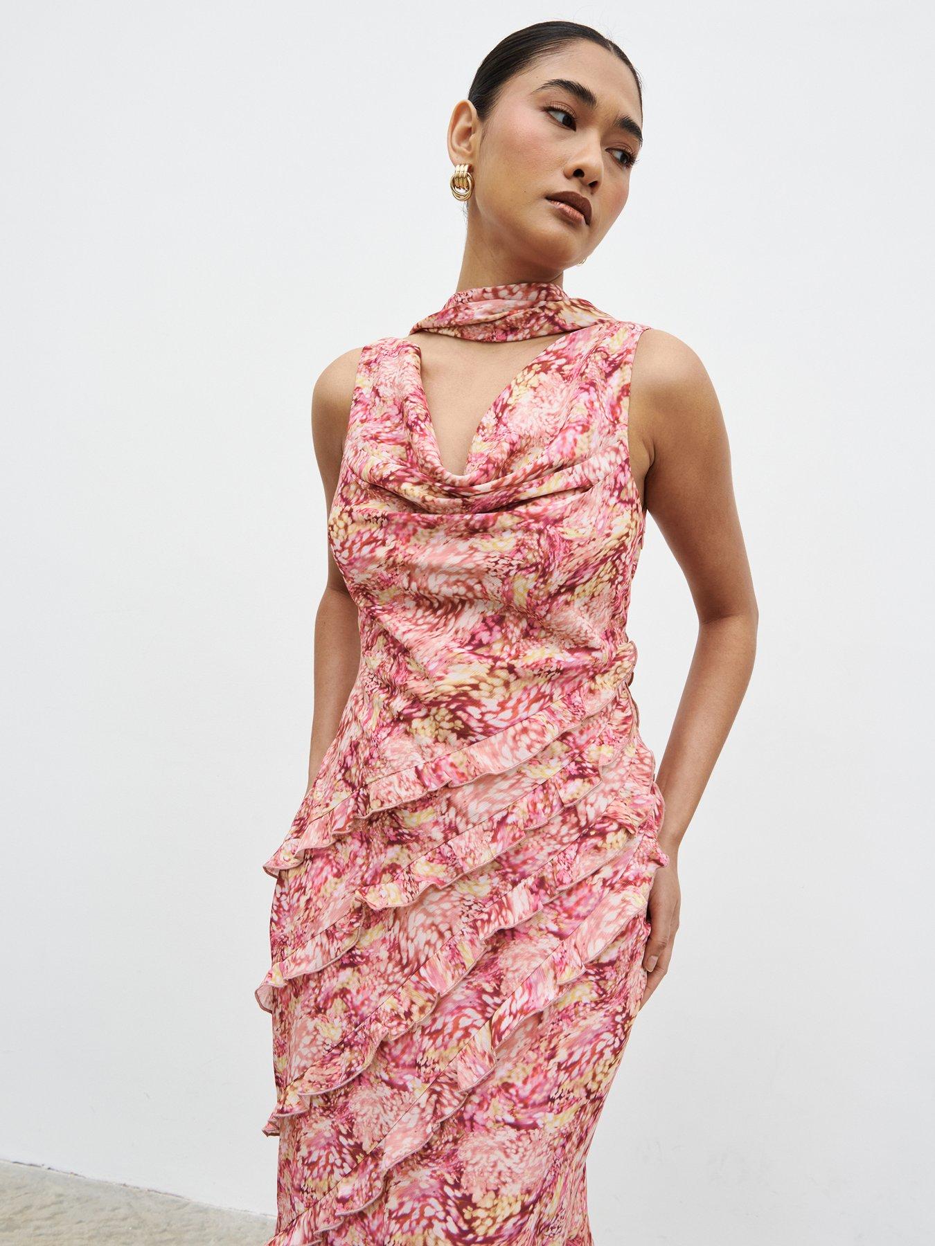 Image 1 of 4 of Pretty Lavish Constance Scarf Ruffle Maxi Dress- Berry Multi Abstract