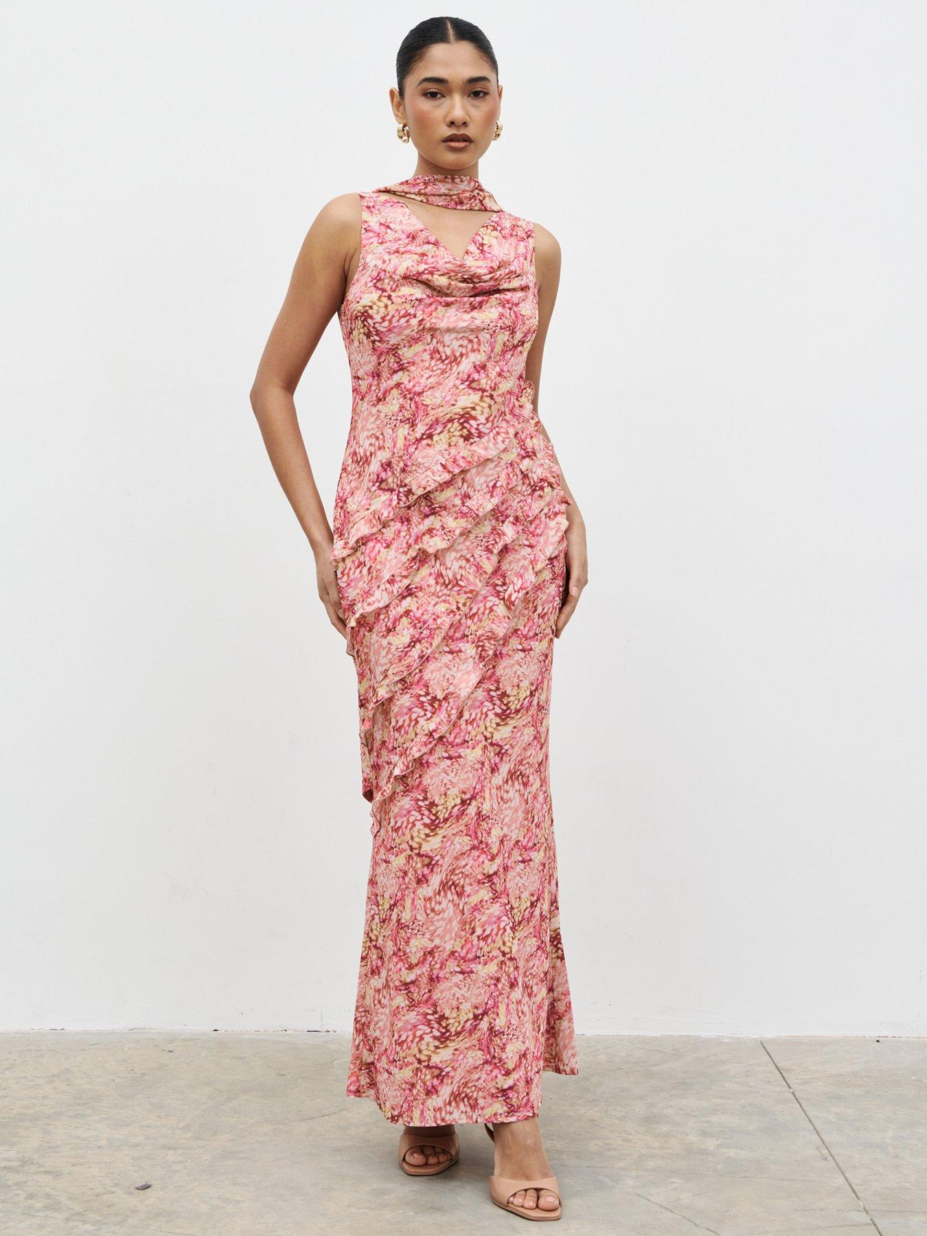 Image 3 of 4 of Pretty Lavish Constance Scarf Ruffle Maxi Dress- Berry Multi Abstract