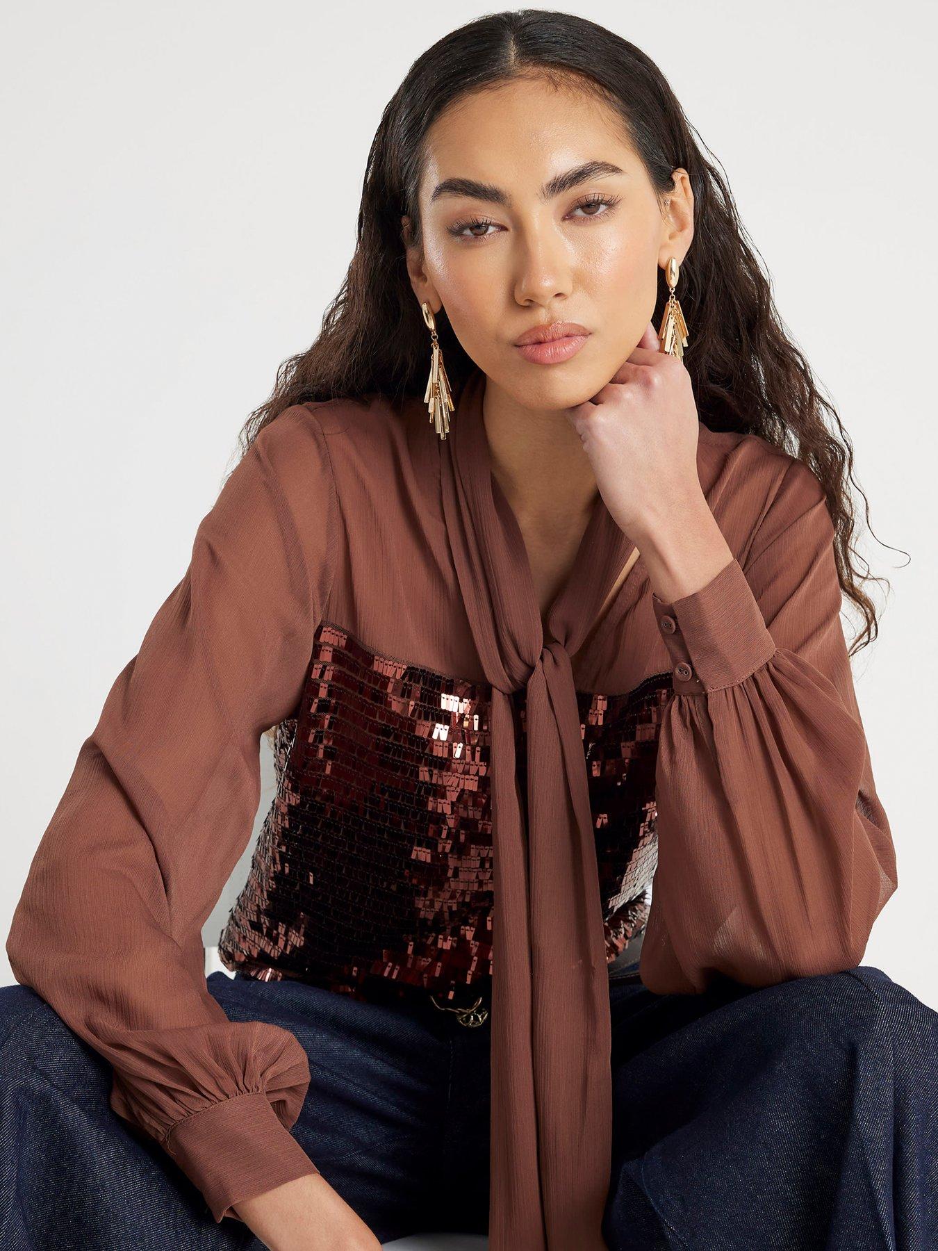 River Island: Sequin Mix Pussybow Top - Brown