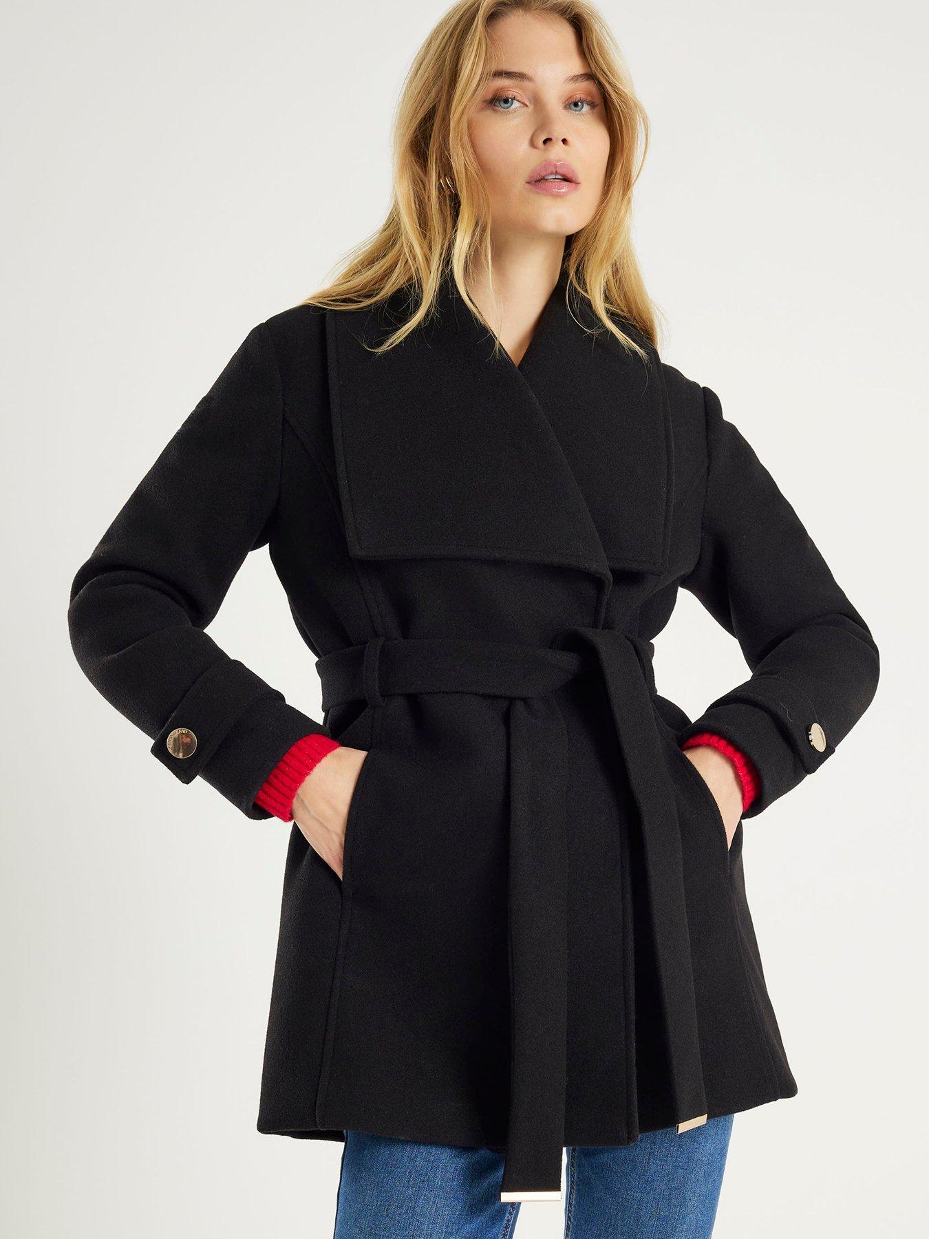 River Island Short Wide Collar Wrap Coat - Black