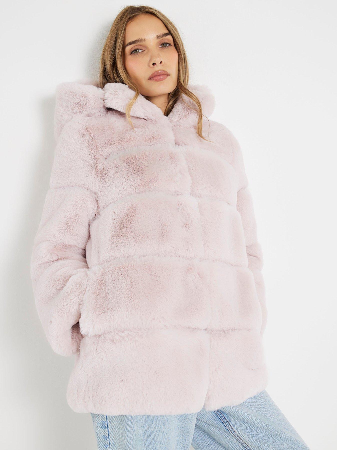 Image 1 of 4 of River Island Panelled Hooded Fur Coat - Pink