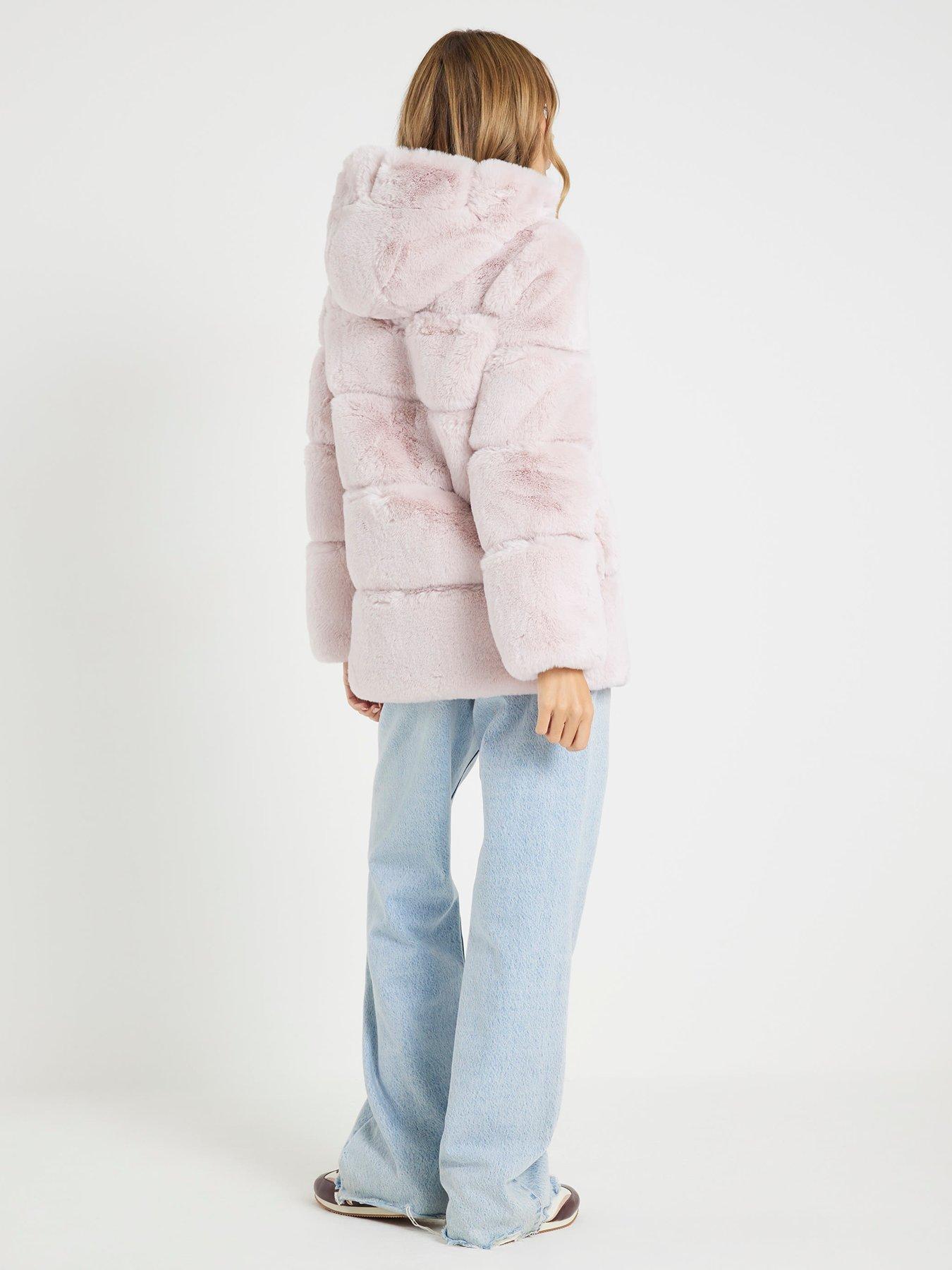 Image 2 of 4 of River Island Panelled Hooded Fur Coat - Pink