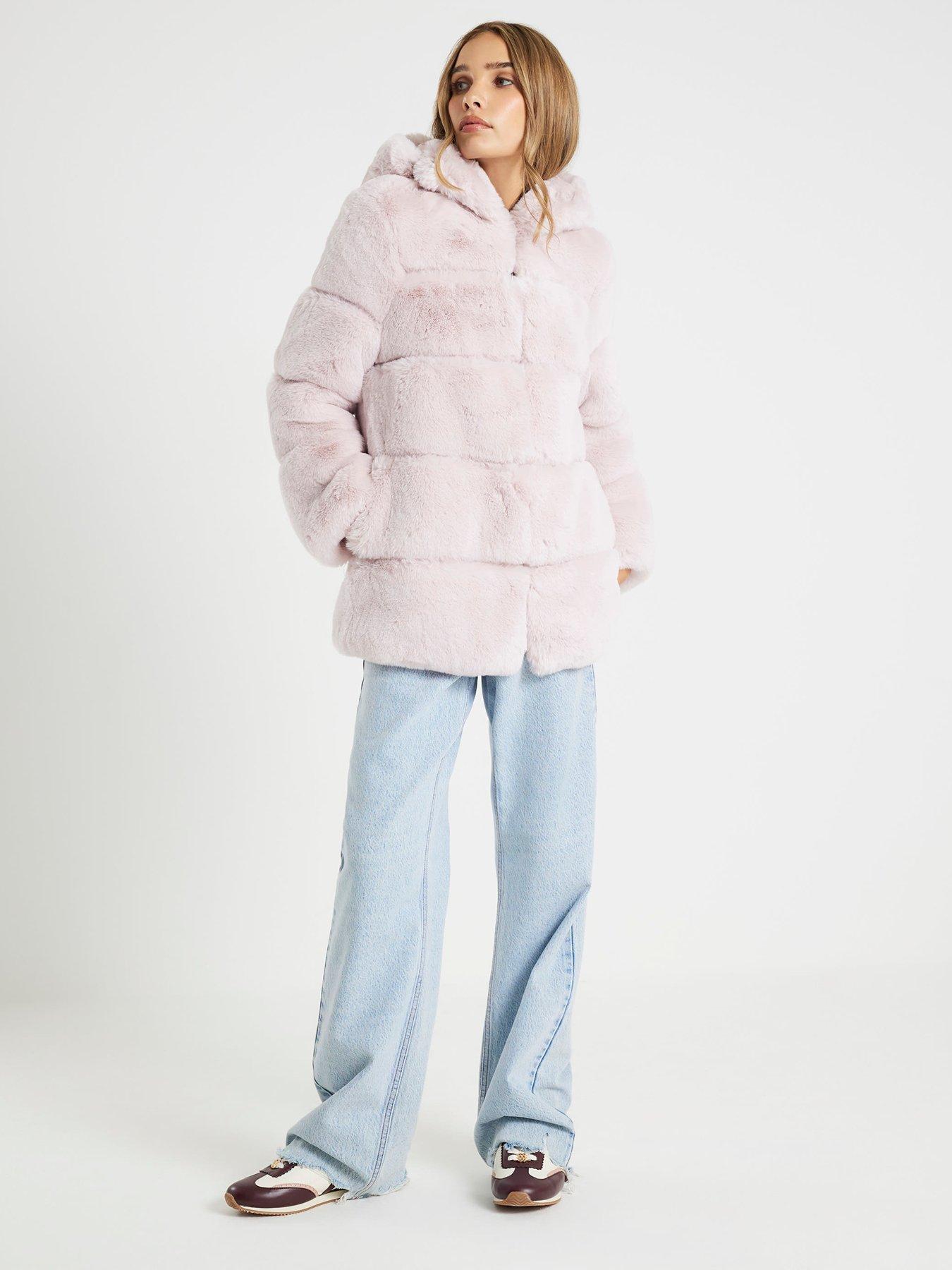 Image 3 of 4 of River Island Panelled Hooded Fur Coat - Pink