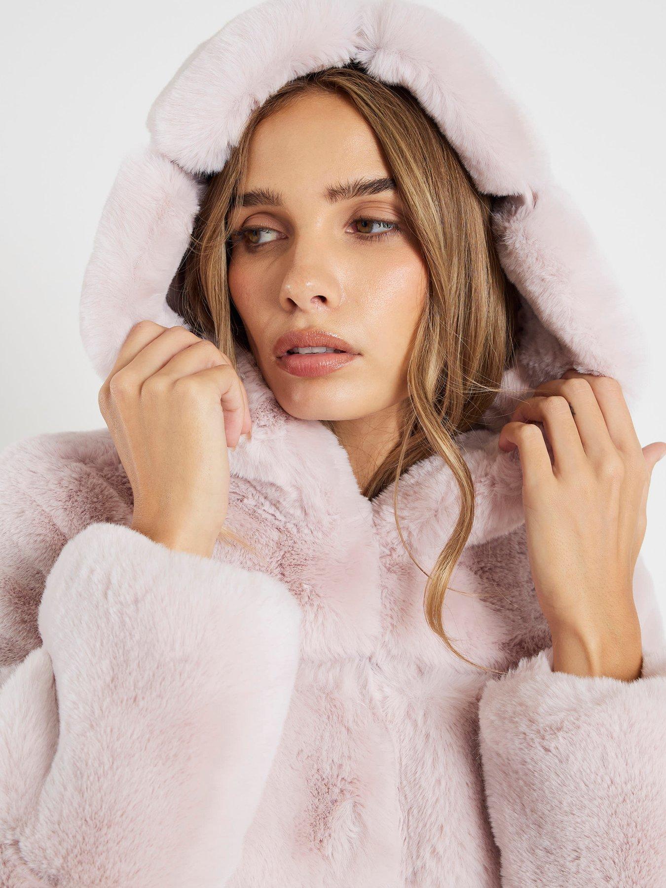 Image 4 of 4 of River Island Panelled Hooded Fur Coat - Pink