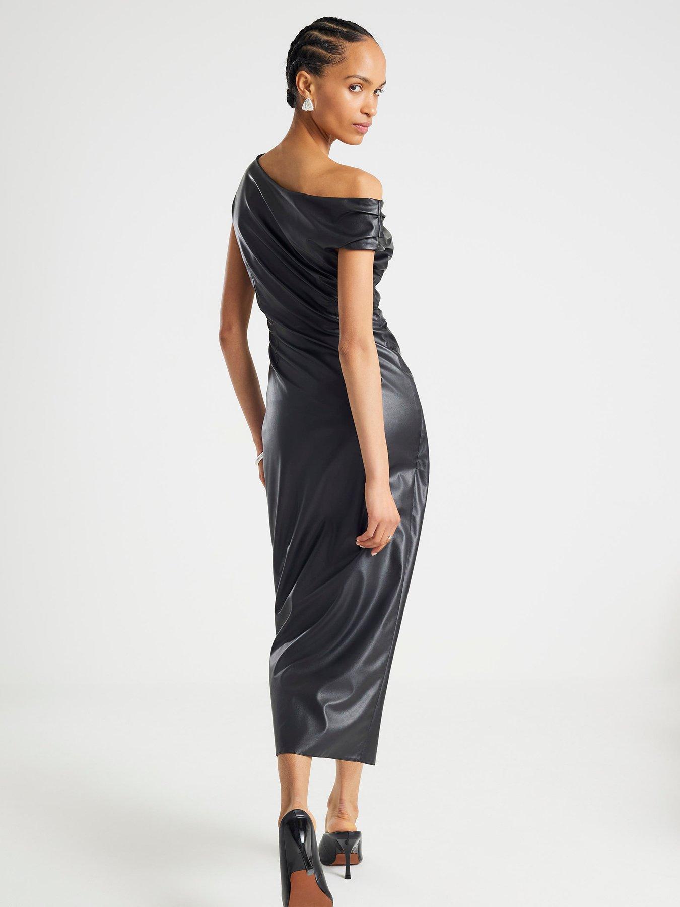 Image 2 of 4 of River Island Short Pu Drape Midi Dress - Black