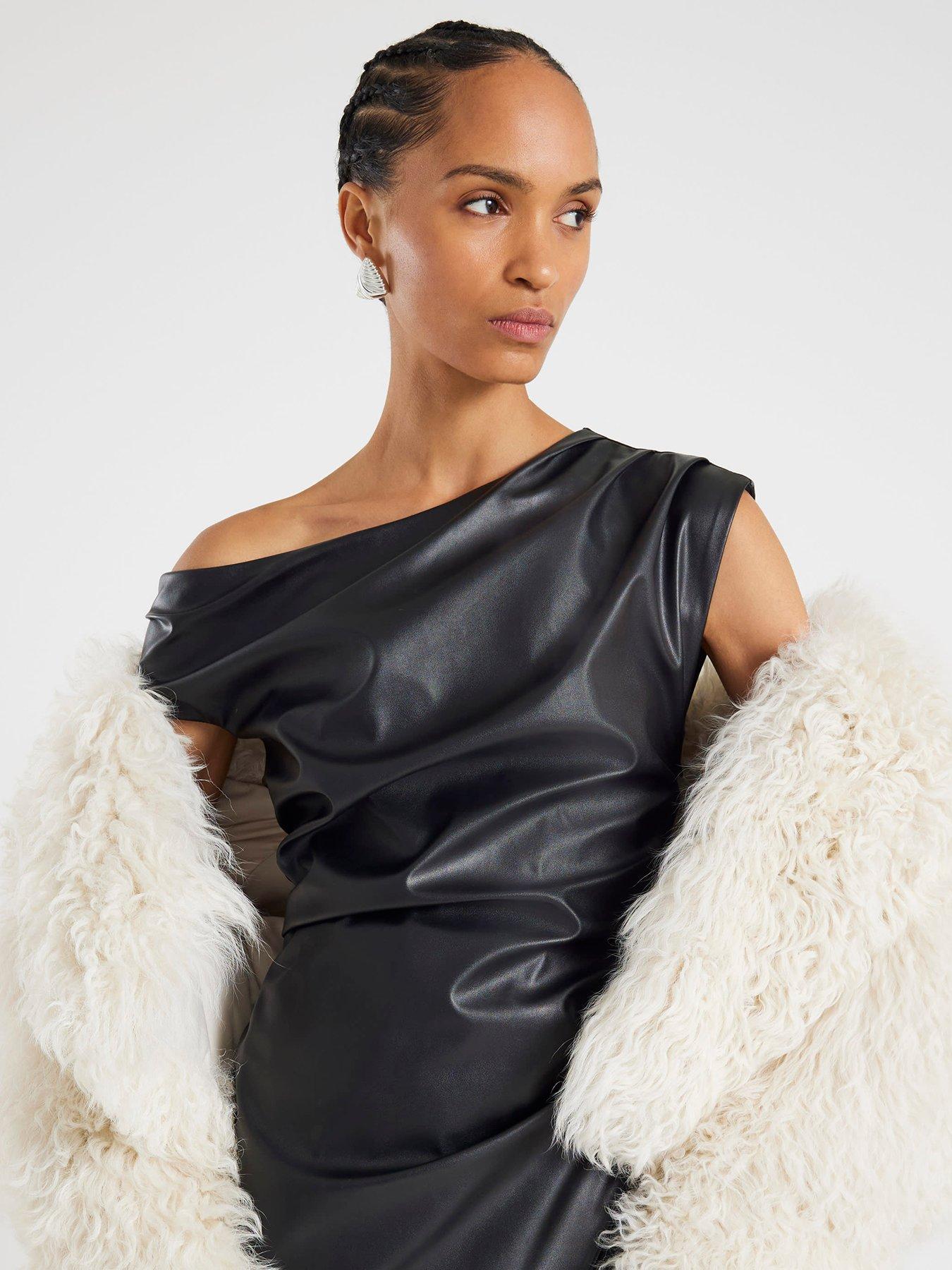 Image 4 of 4 of River Island Short Pu Drape Midi Dress - Black